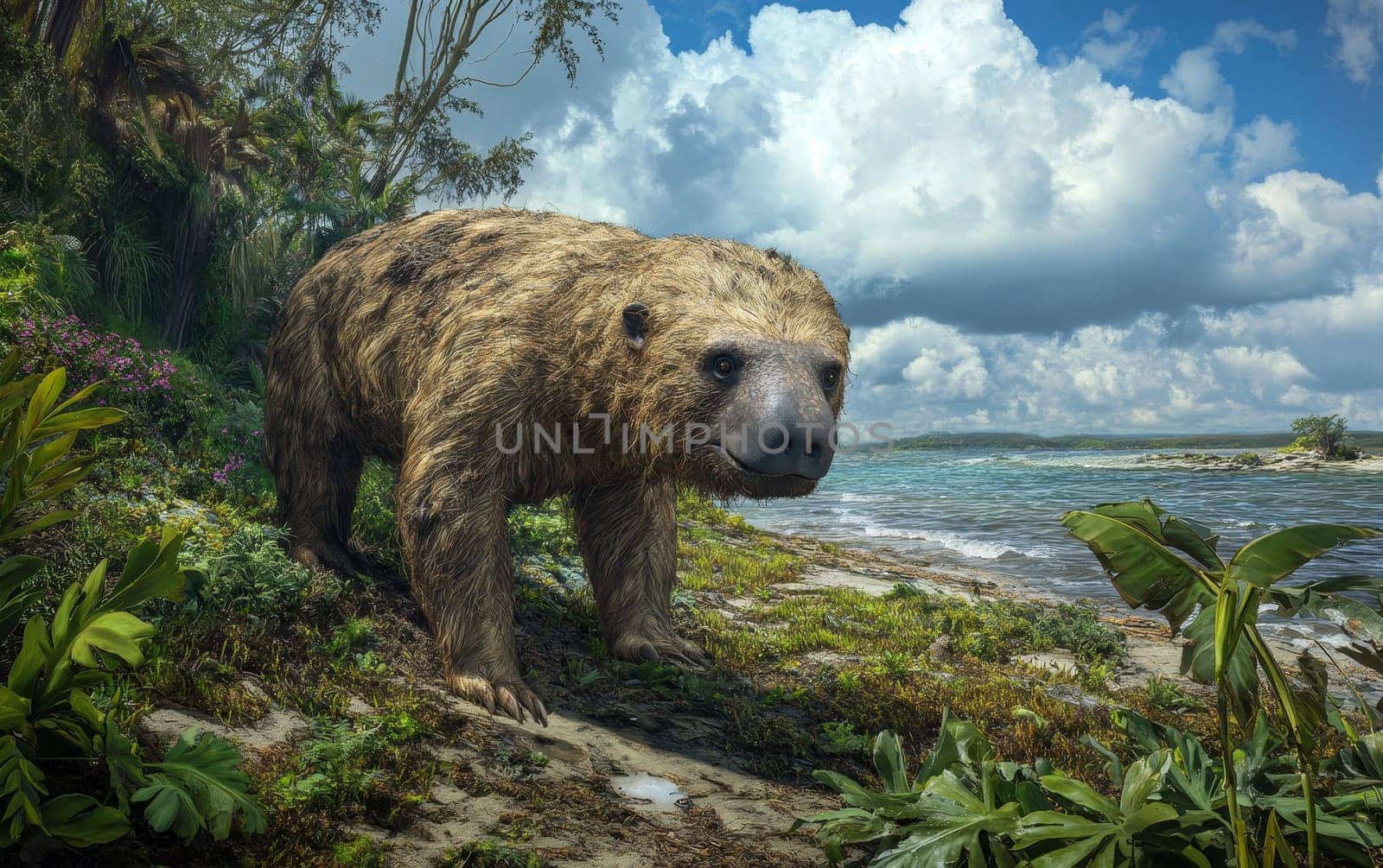 An alert eremotherium, a massive prehistoric ground sloth, surveys its lush, tropical surroundings from a rocky outcrop overlooking a tranquil lagoon and palm-fringed coastline.