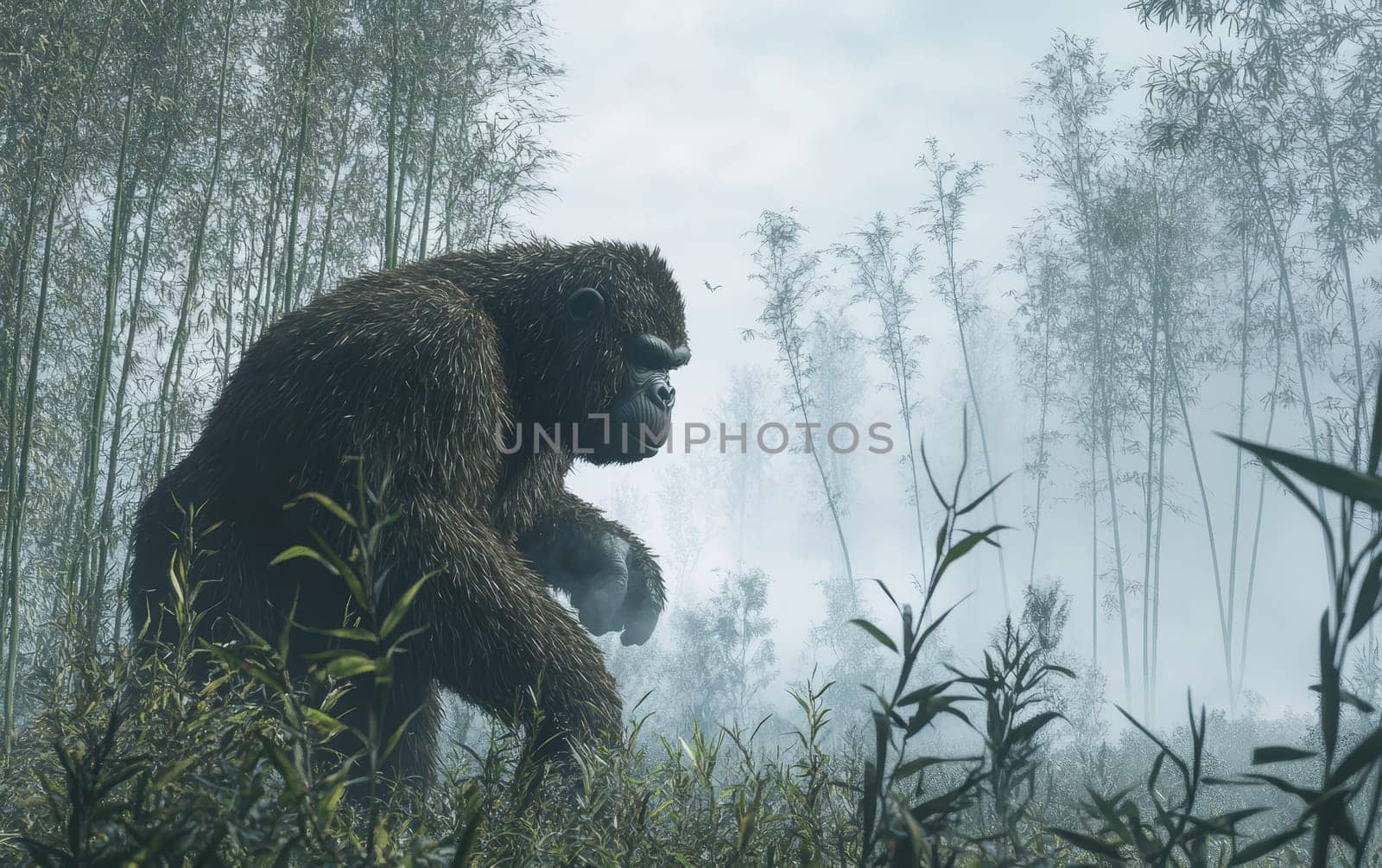 A massive Gigantopithecus carefully navigates the dense, tangled bamboo thicket, its powerful form blending into the misty, verdant surroundings.