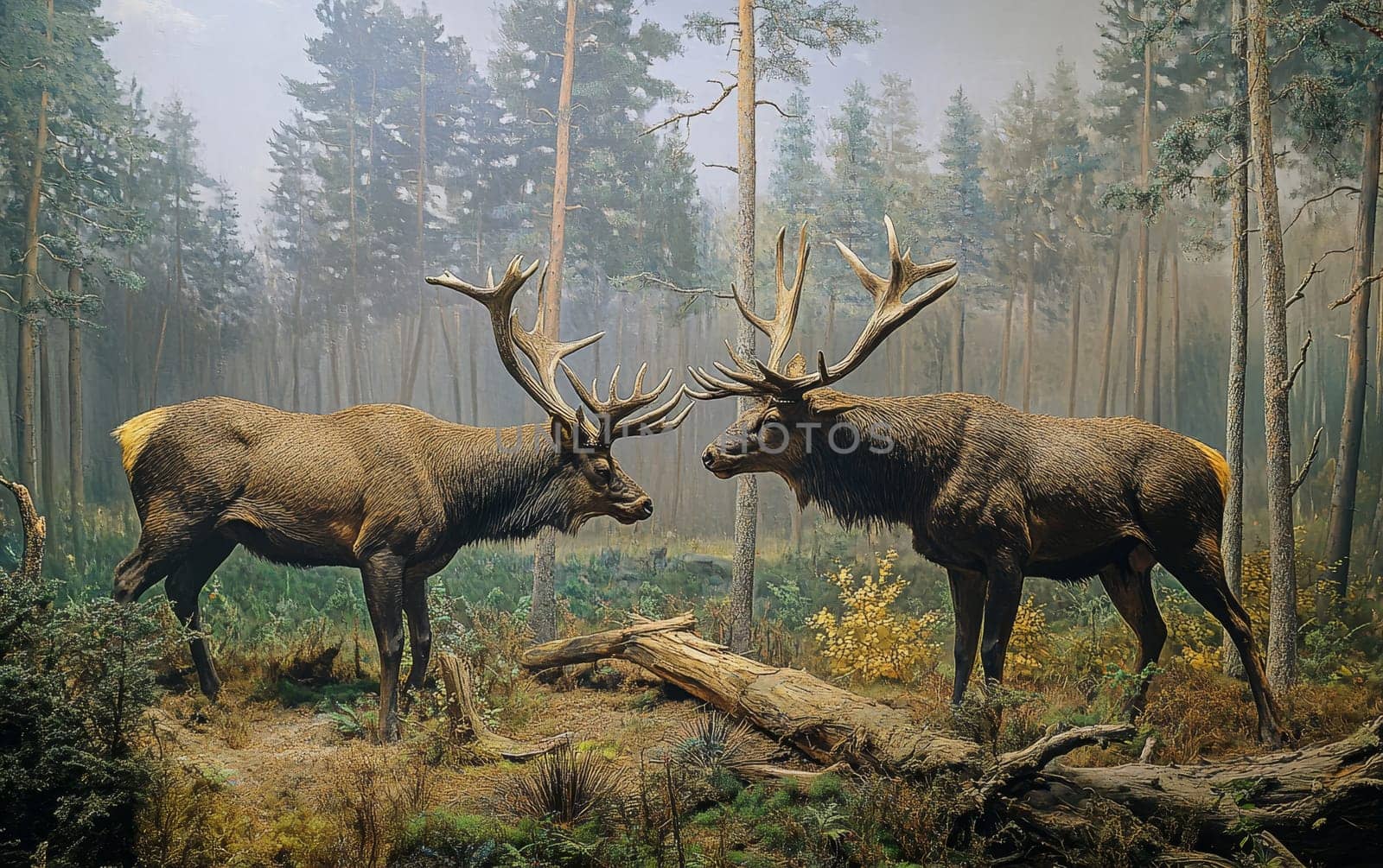 Majestic Eucladoceros, towering prehistoric deer, emerge from the mist-shrouded trees of a dense, boreal forest, their presence commanding the serene landscape.