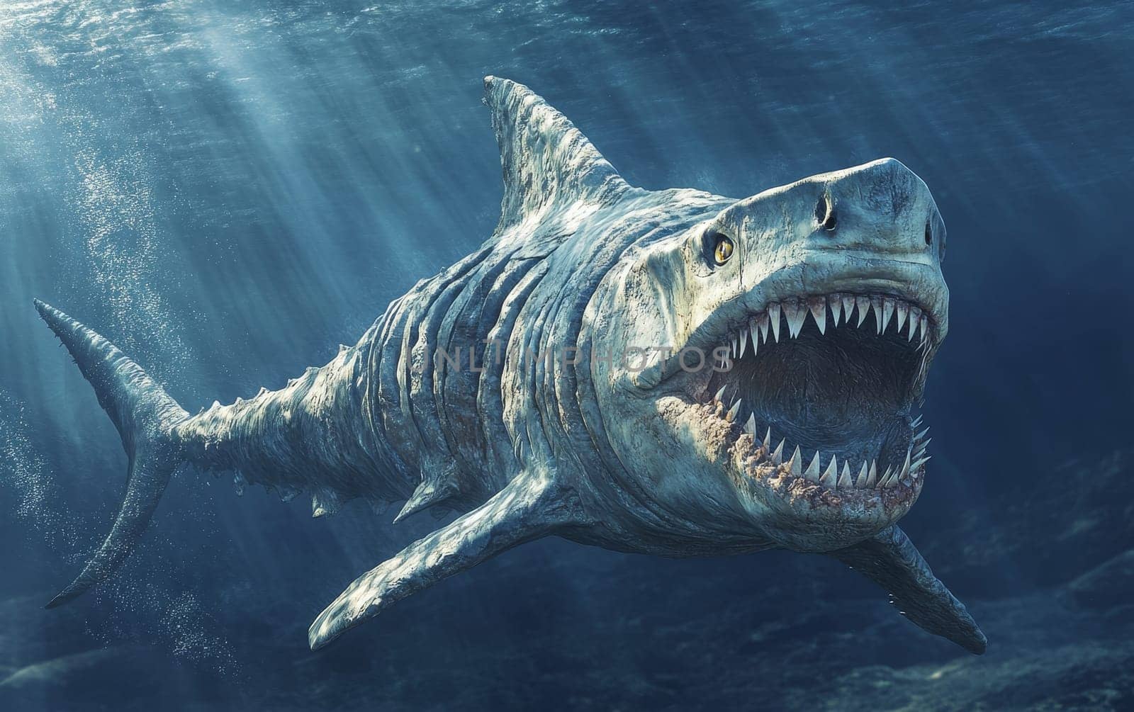 A Helicoprion shark breaches the ocean's surface, its spiral-toothed maw emerging from the churning waves in a dramatic display of this prehistoric creature's power.