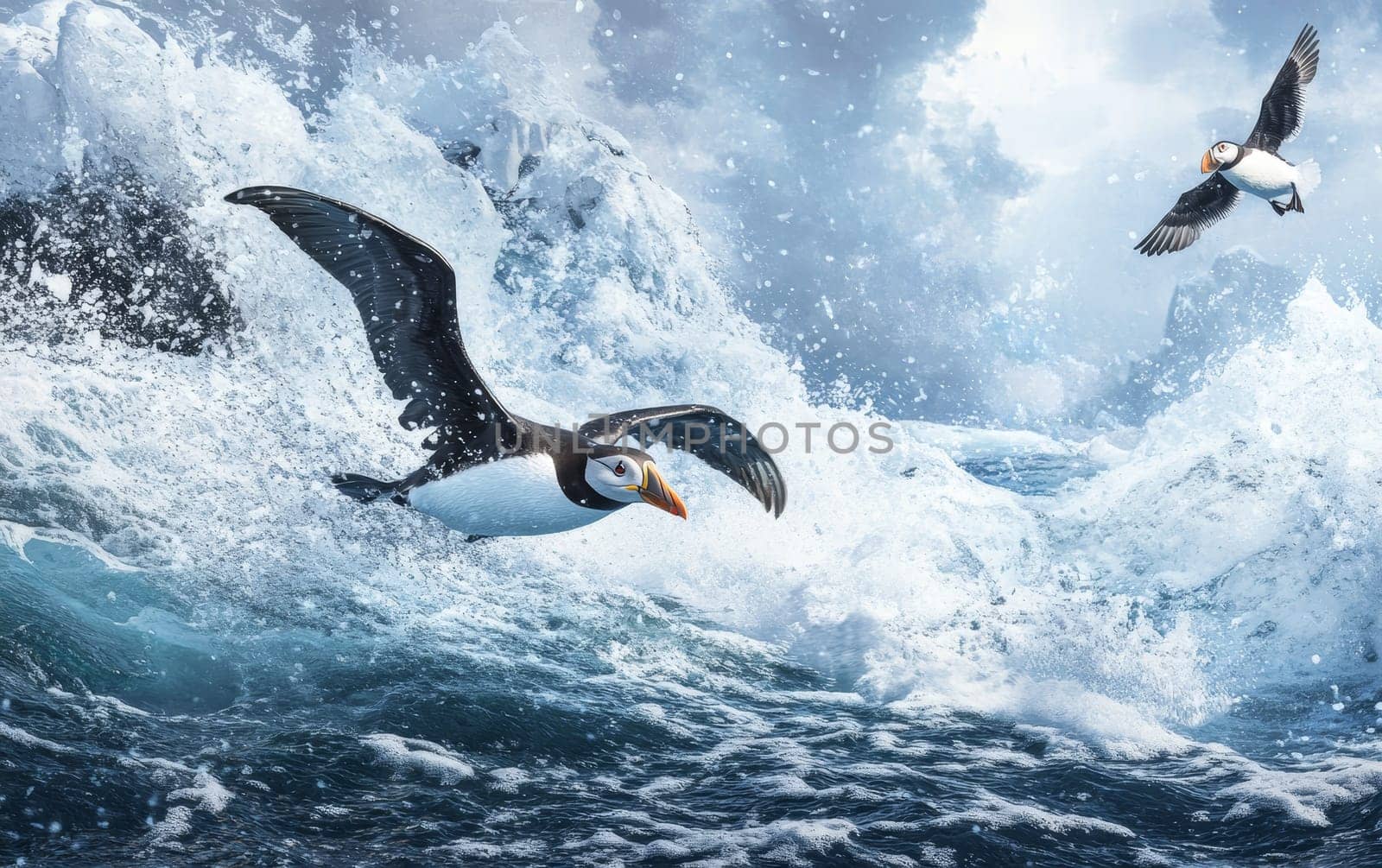 A flock of puffins glide effortlessly through the air, their wings casting dramatic shadows over the rugged, icy Arctic landscape below.
