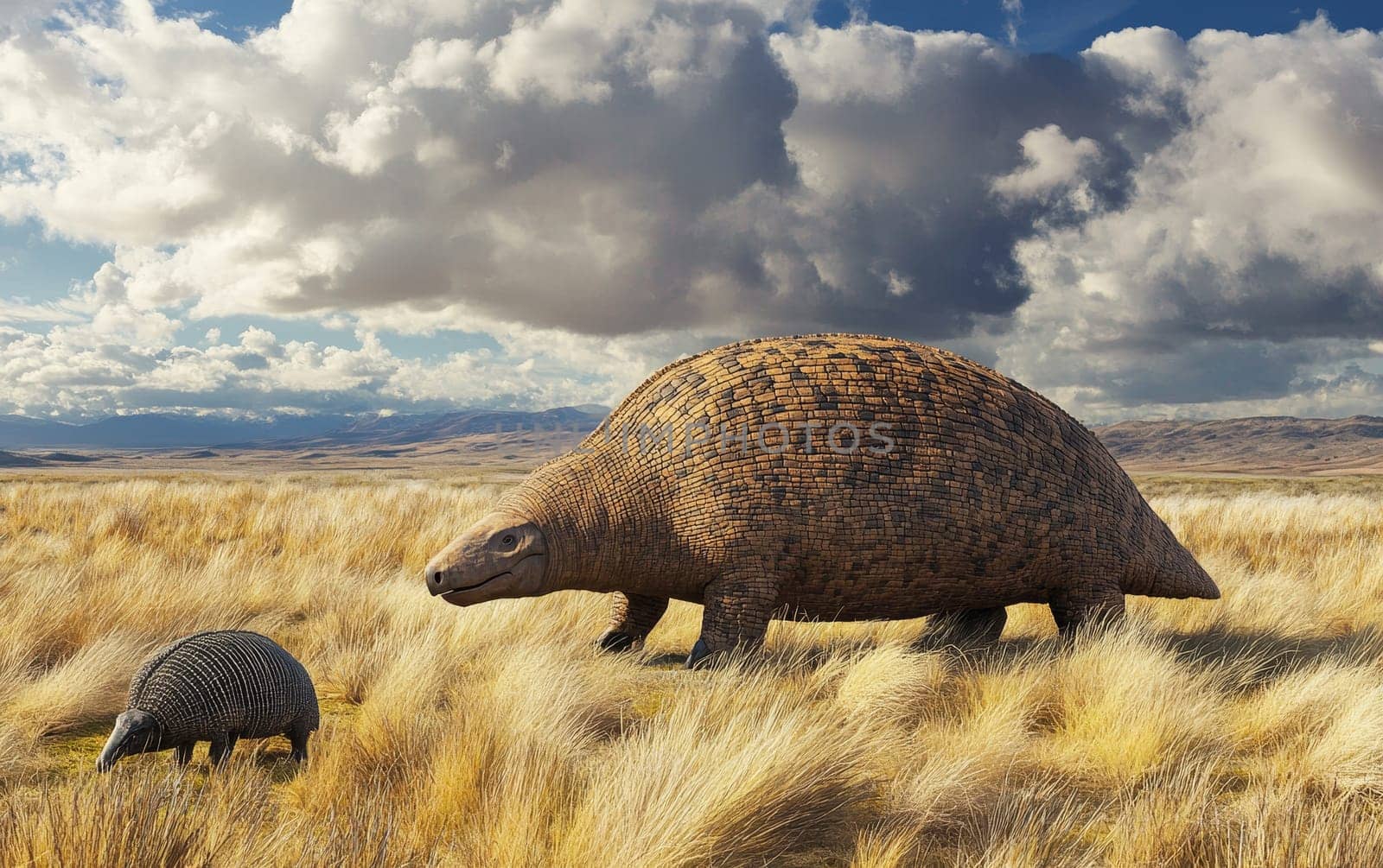 A massive glyptodon slowly navigates the rugged, mountainous terrain, its prehistoric presence commanding the awe-inspiring, dramatic backdrop.