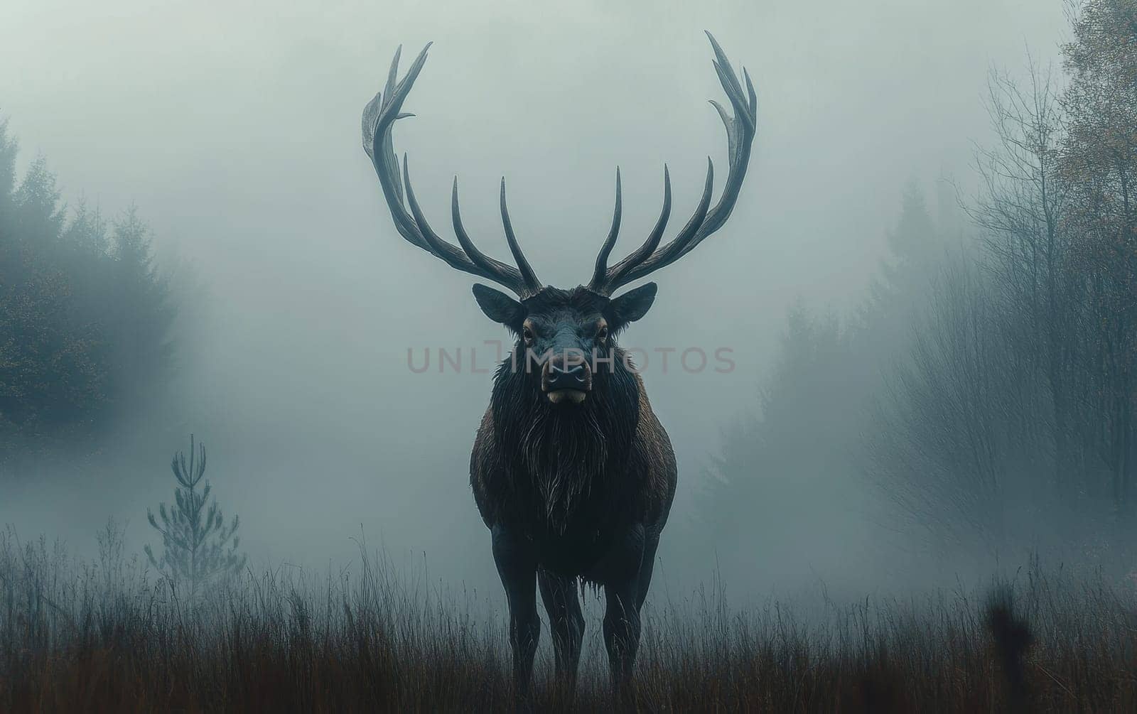An Irish elk stands majestically on a rocky outcrop, its impressive antlers framing its stoic gaze as it surveys the misty, primeval forest that was once its domain.
