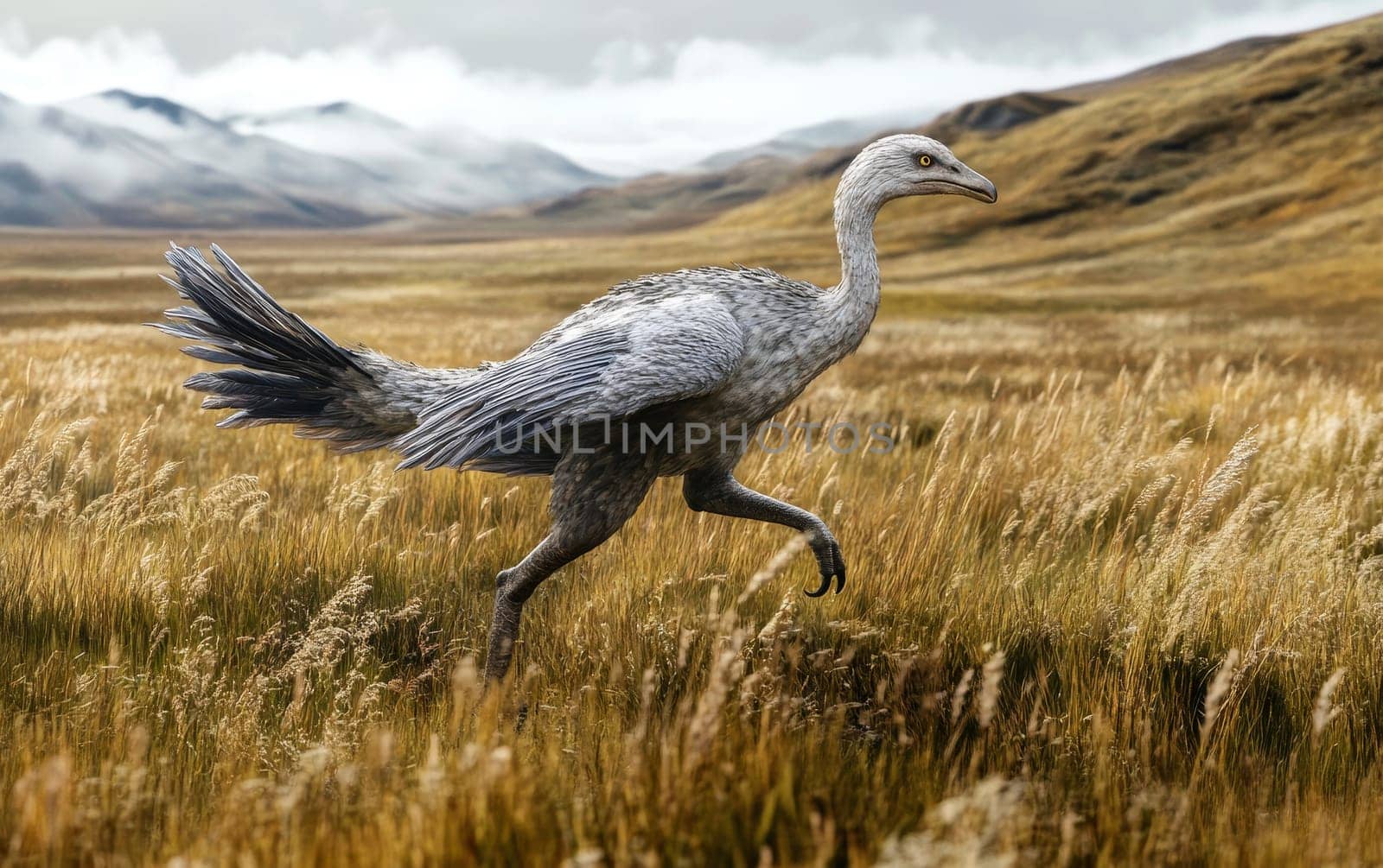 A Kelenken terror bird emerges from the shrouded mists of the primeval grasslands, its massive form and fierce presence commanding attention in the atmospheric, ethereal landscape.