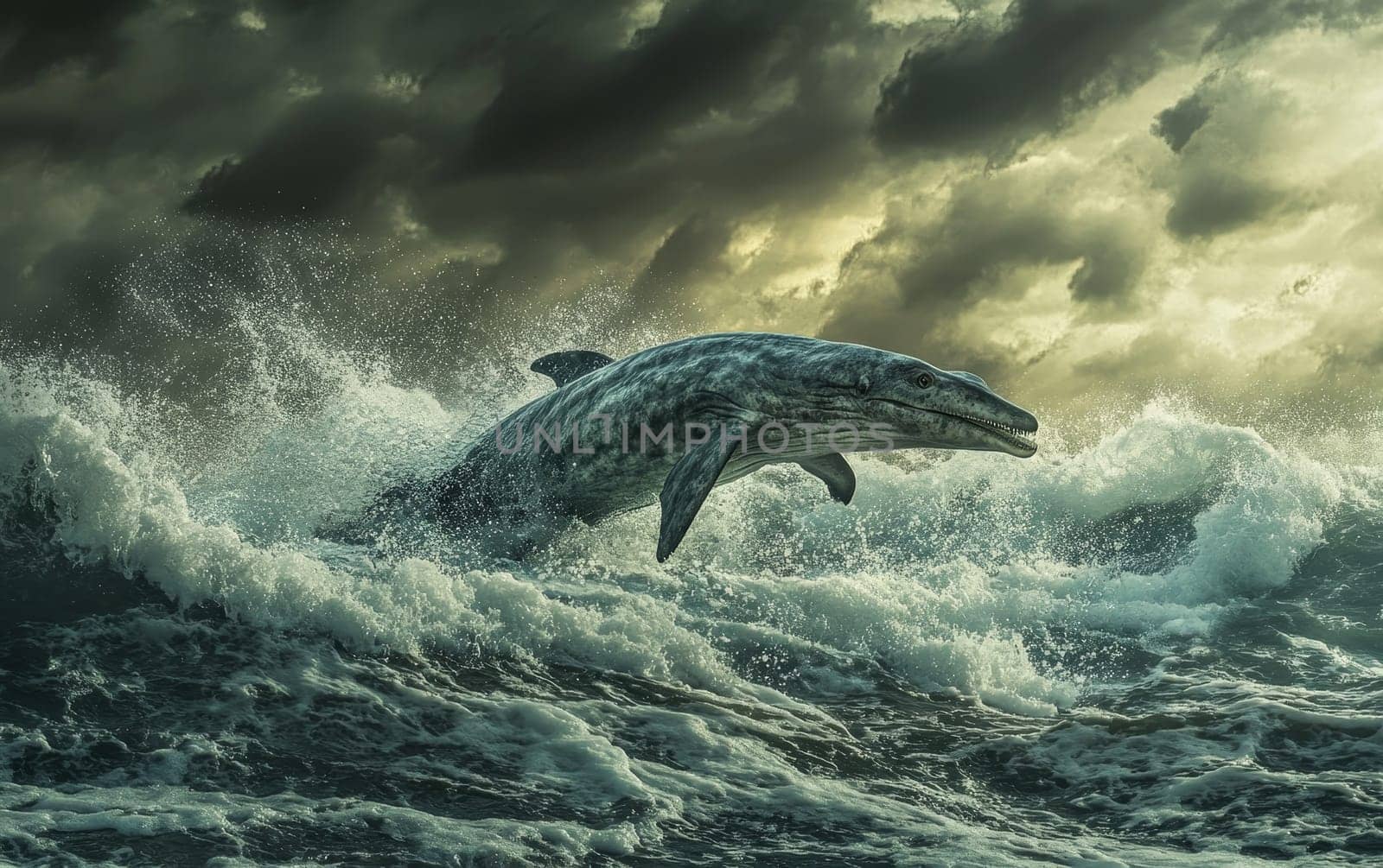 An Ichthyosaur bursts forth from the churning, turbulent waves, its powerful form illuminated by flashes of lightning in the dramatic, stormy seascape.