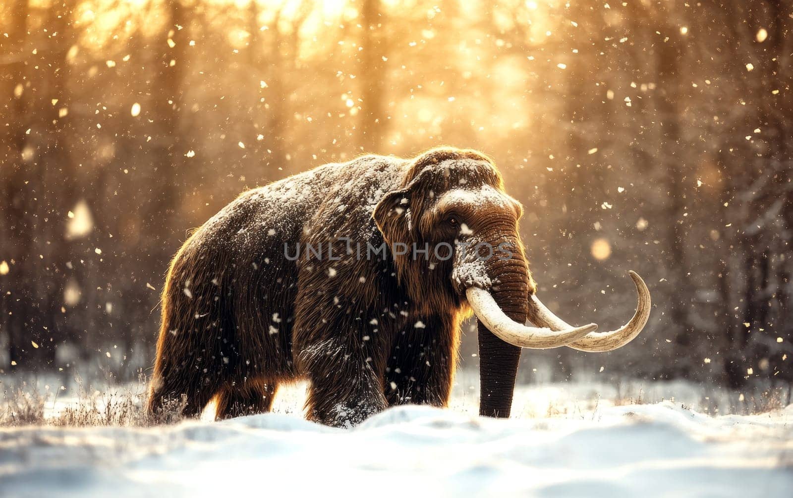 A herd of woolly mammoths steadfastly make their way through the deep snow, their massive forms and shaggy coats a testament to their adaptability and resilience in the face of the harsh.
