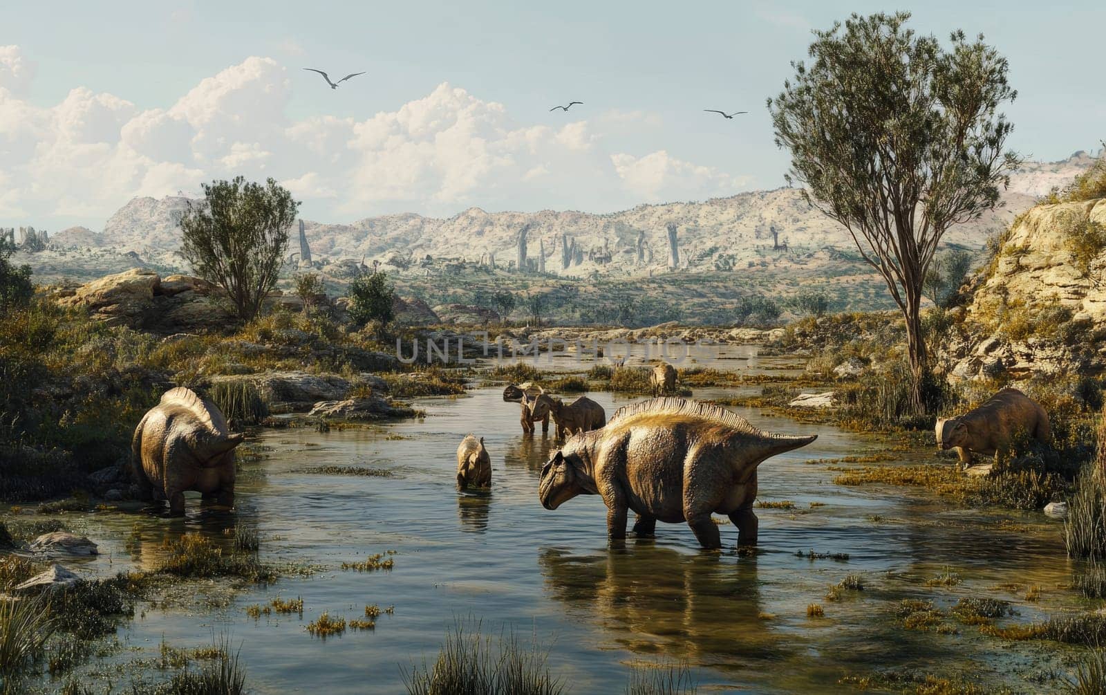 A Lystrosaurus stands tall amidst the reeds and grasses of a vast, marshy wetland, its keen gaze scanning the horizon as it surveys the extent of its ancient, primeval domain.