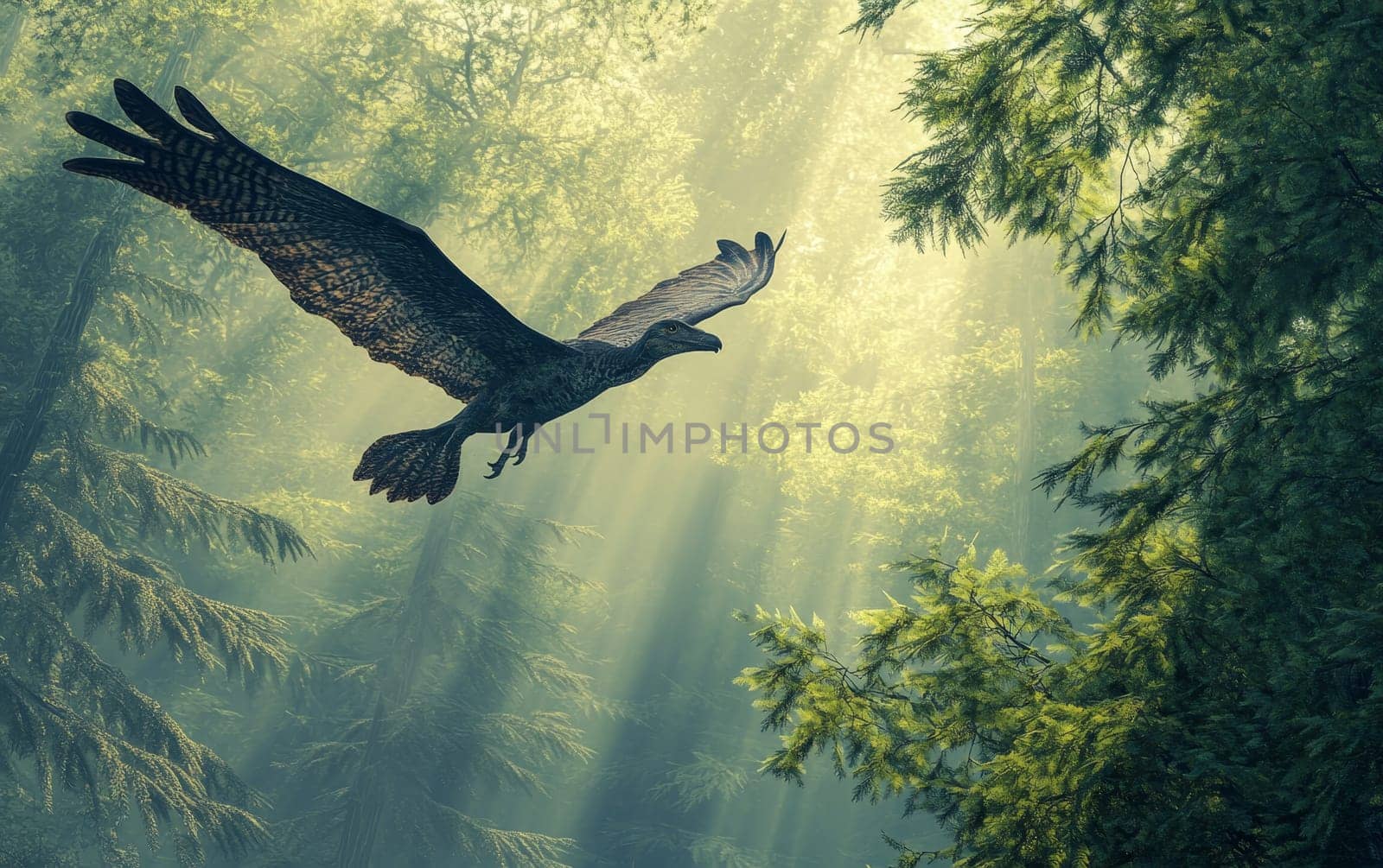 A Microraptor, its wings spread wide, glides effortlessly through the misty, verdant canopy of the ancient forest, its feathered form silhouetted against the dappled sunlight.