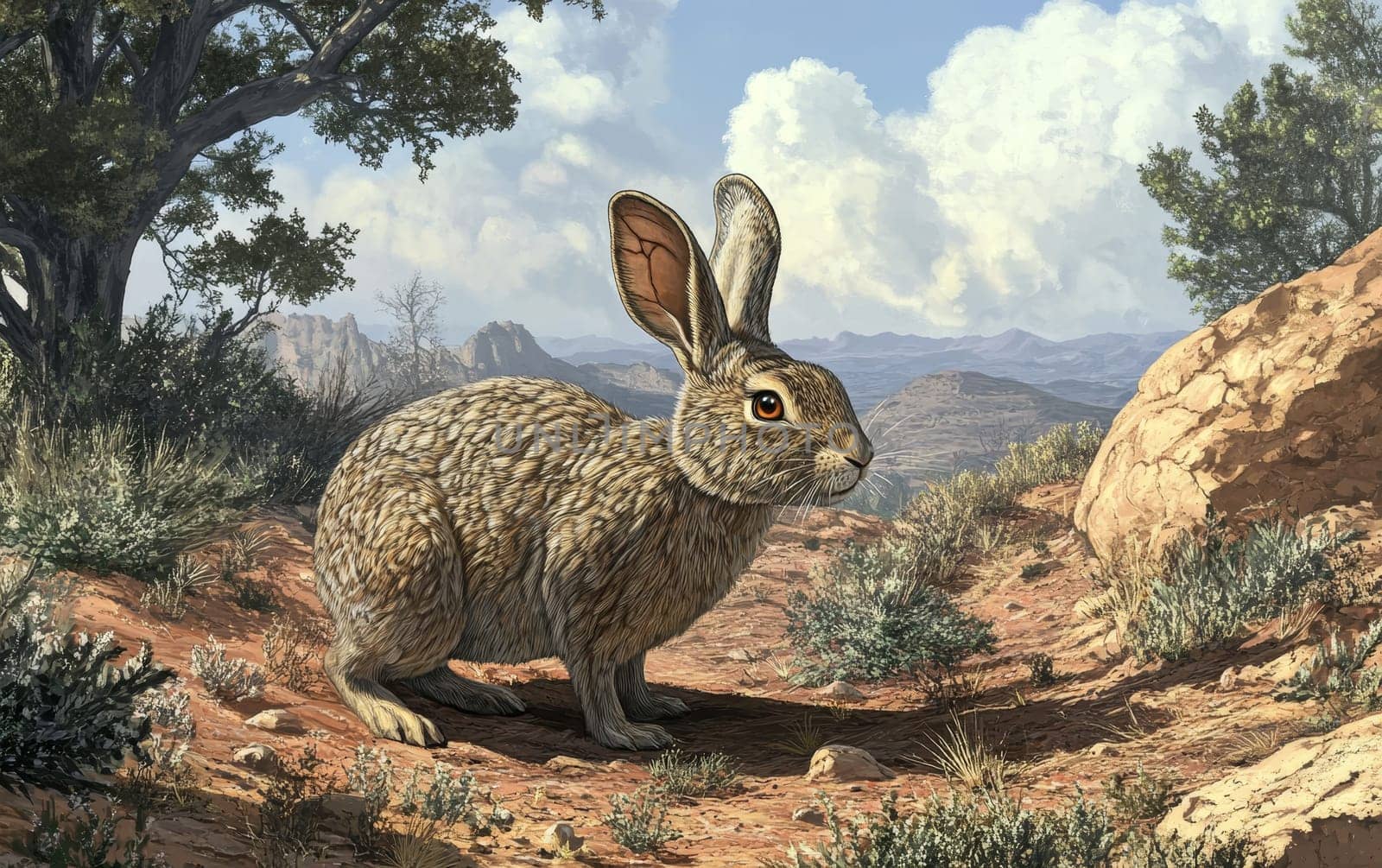 A Nuralagus rabbit navigates the steep, rocky cliffs of the desert landscape, its agile movements and sure-footed grip allowing it to traverse the treacherous terrain with ease.