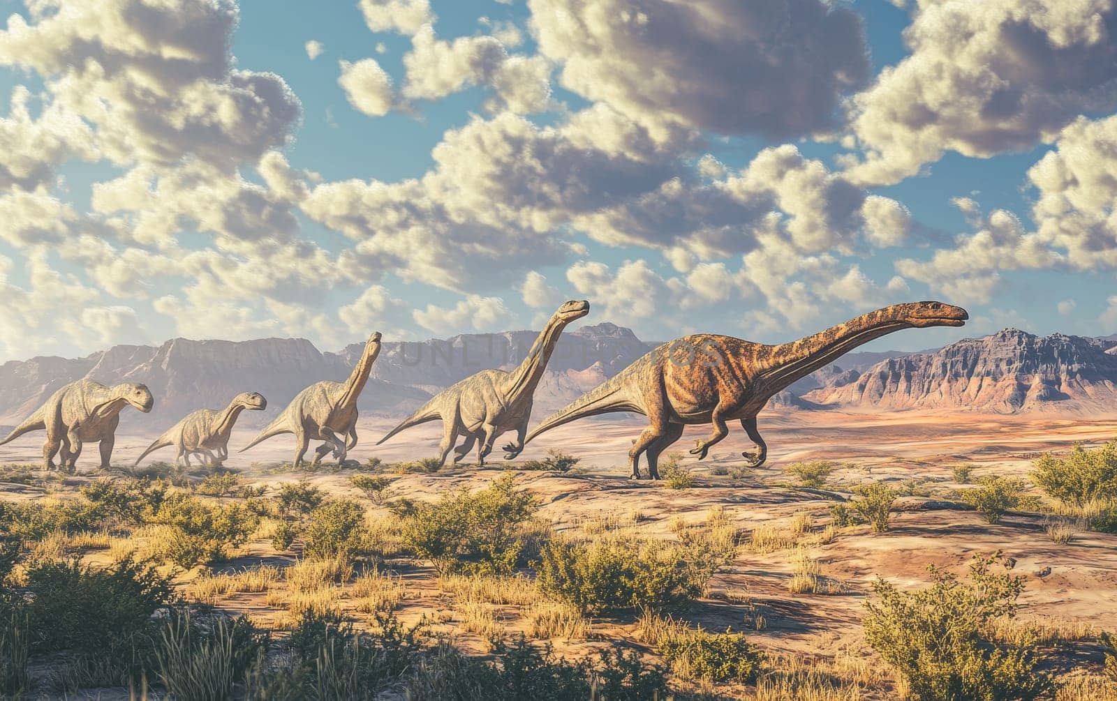 A Plateosaurus dinosaur emerges from the sparse desert underbrush, its bulky frame and reptilian features casting an imposing silhouette against the cloud-dotted sky.