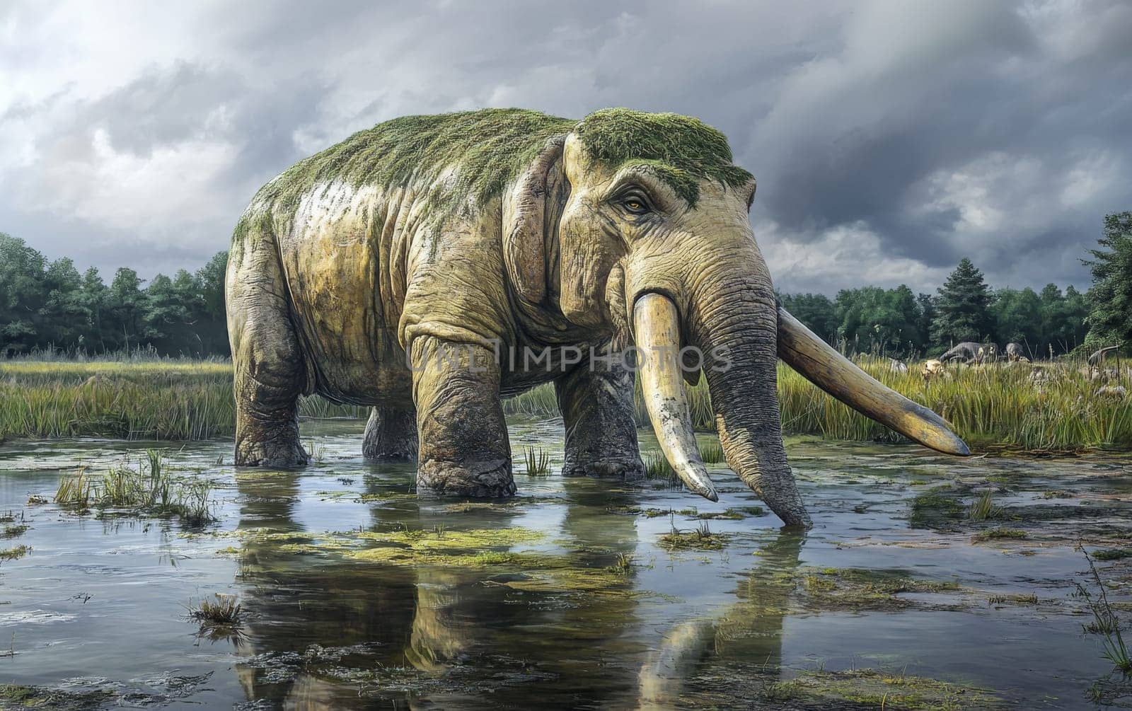 A Platybelodon individual lowers its massive, shovel-like lower jaw to drink from the serene, mirror-like surface of forest watering hole, its wrinkled skin and imposing presence commanding attention.