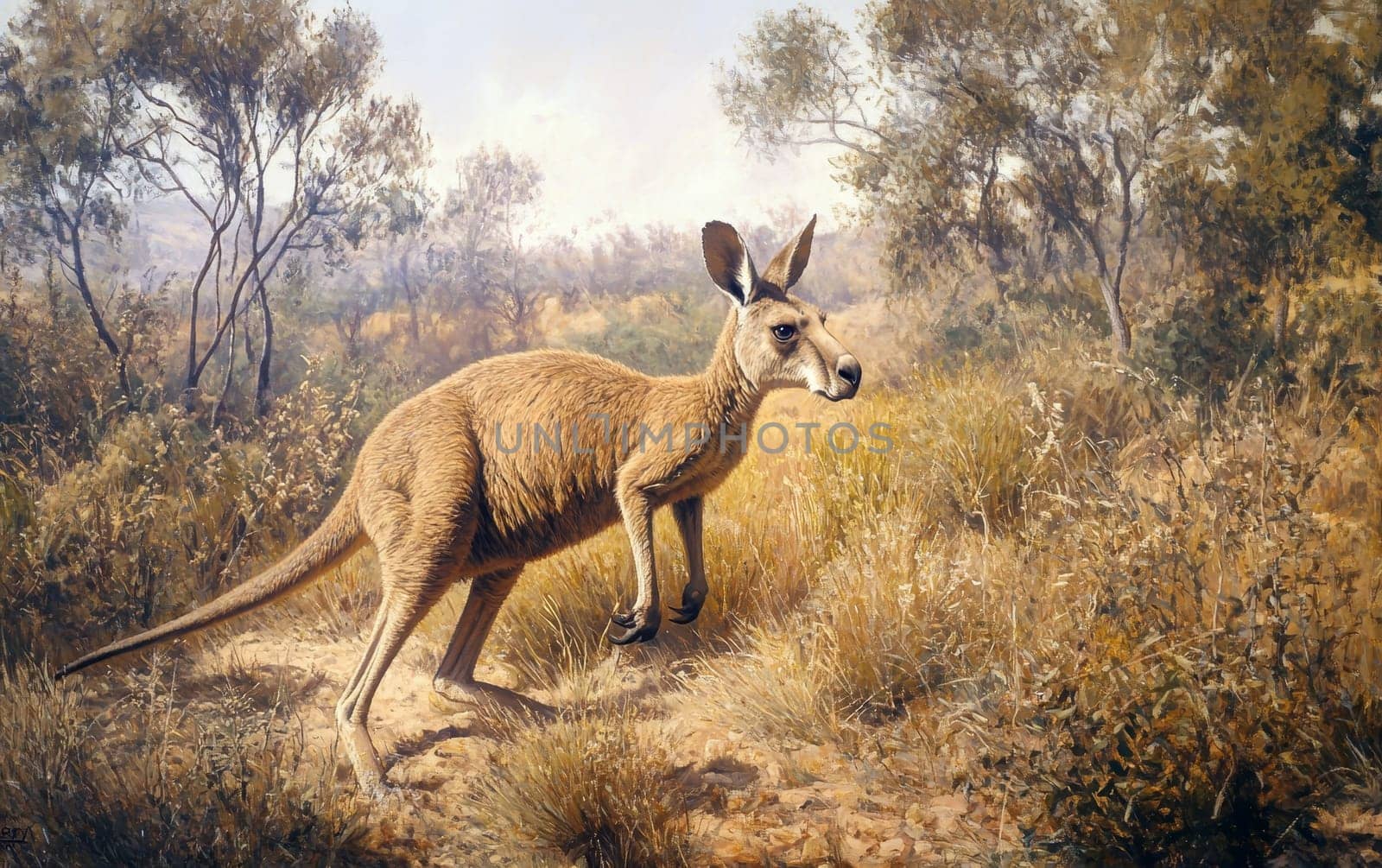 A Procoptodon kangaroo stands alert atop a rocky outcrop, its keen gaze scanning the expansive, sun-drenched savanna for any potential sources of food or signs of danger in the ancient, untamed realm.