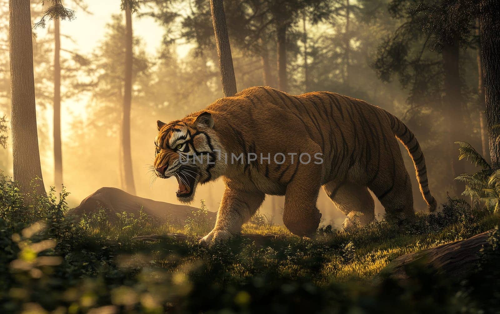 A saber-toothed predator emerges from the dense, shadowy foliage, its piercing gaze and imposing form filling the viewer with a sense of awe and trepidation.