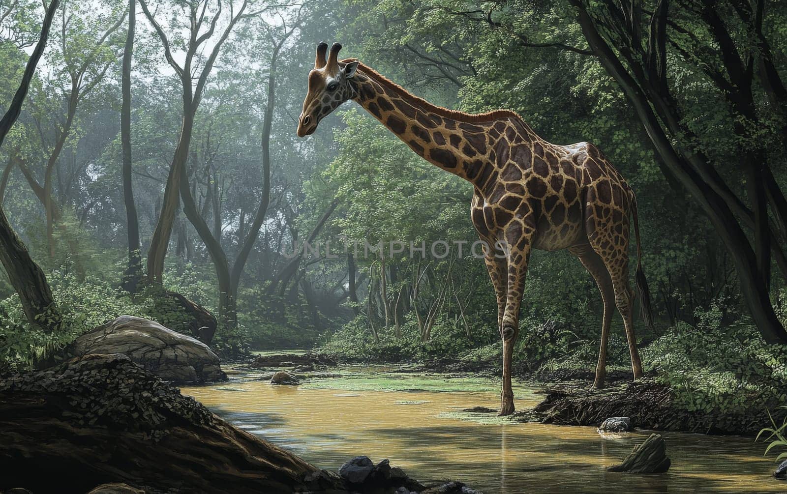 A Sivatherium cautiously approaches the still, reflection-filled waters of a serene forest pond, its powerful frame and distinctive features mirrored in the calm, glassy surface.