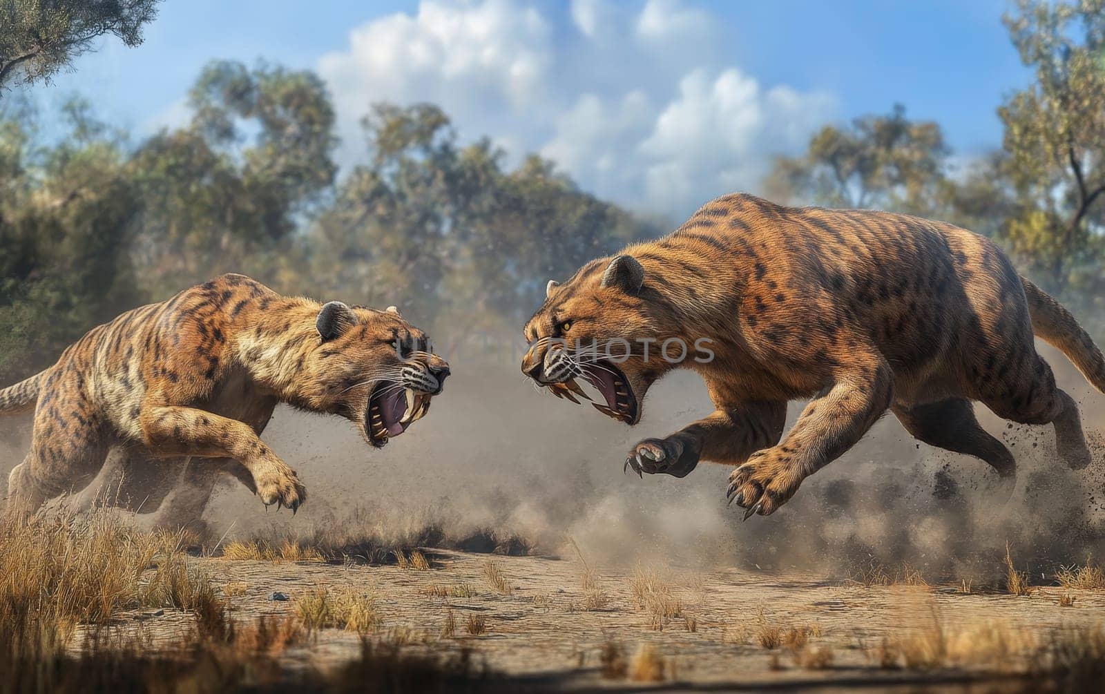 A Smilodon crouches low, its eyes intently focused as it prepares to launch itself at an unsuspecting prey, its massive jaws and deadly claws primed for the attack.