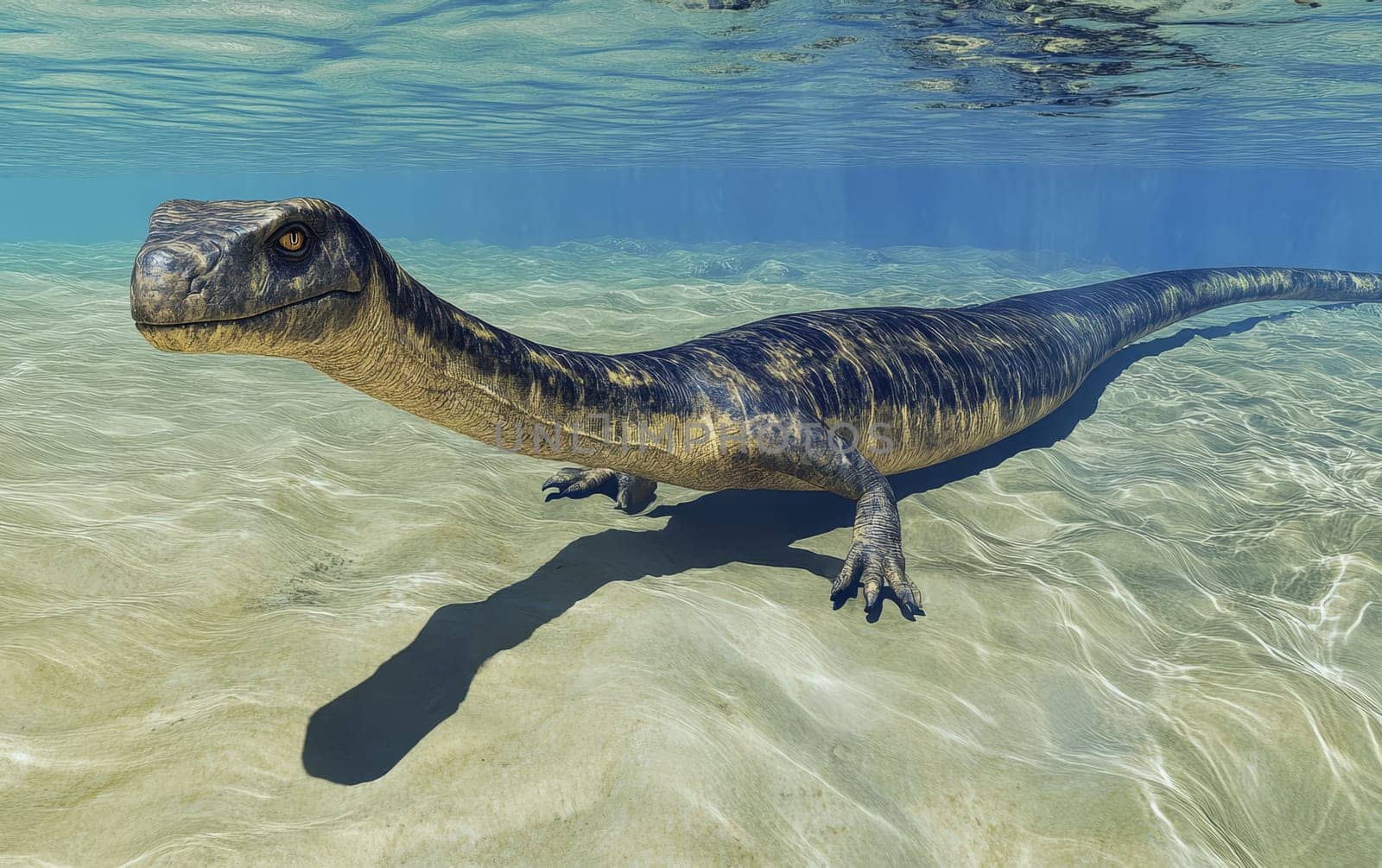 A Tanystropheus reptile cautiously stalks along the sun-dappled banks of a tranquil river, its distinctive elongated neck and watchful gaze scanning the surrounding lush.