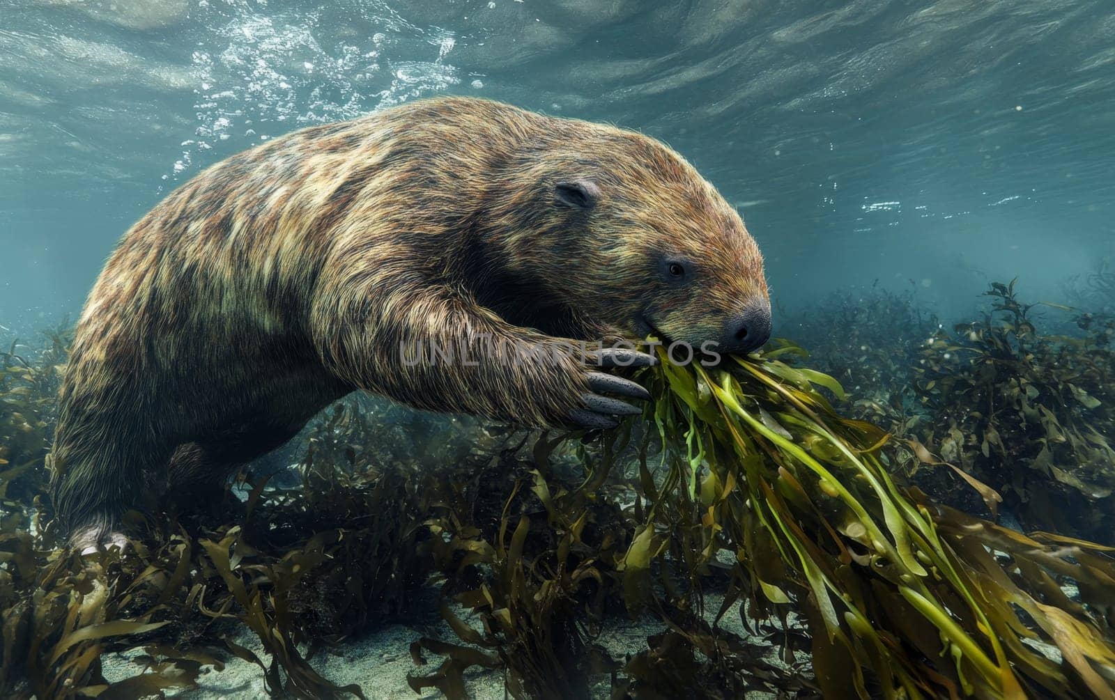 A Thalassocnus sloth takes a moment of rest on the rocky seafloor, its compact frame and weathered features blending seamlessly with the surrounding marine vegetation and substrate.