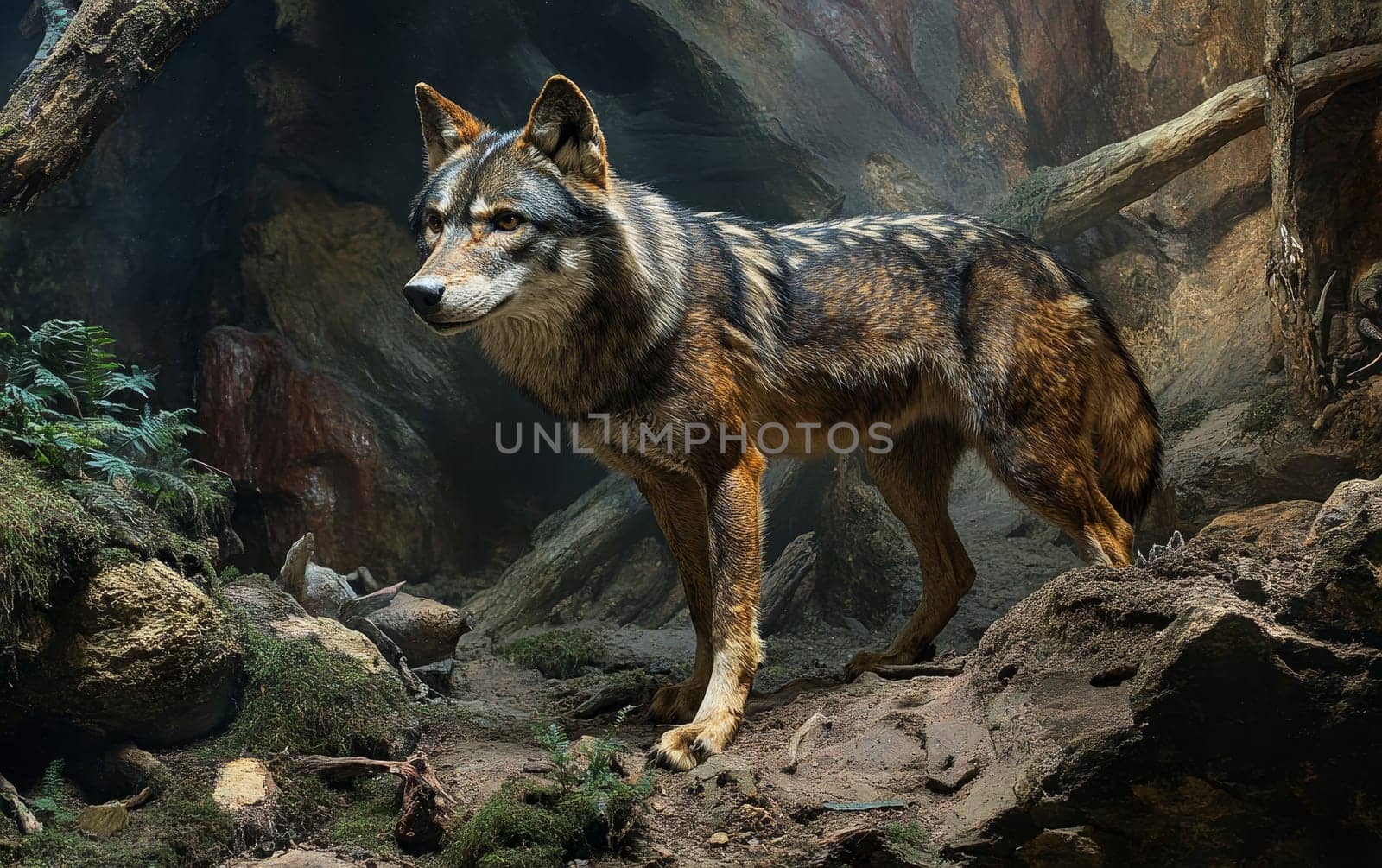 A Theriodictis stands vigilant atop a rocky outcrop, its watchful gaze scanning the dimly lit interior of the cave lair for any signs of intrusion or potential threats.