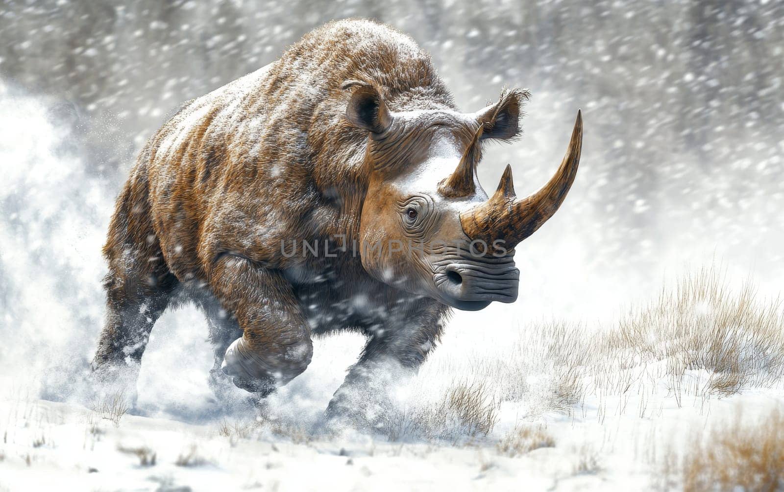 A woolly rhinoceros trudges through deep snow, its thick fur coated with snowflakes, demonstrating the creature's resilience in harsh Ice Age conditions.