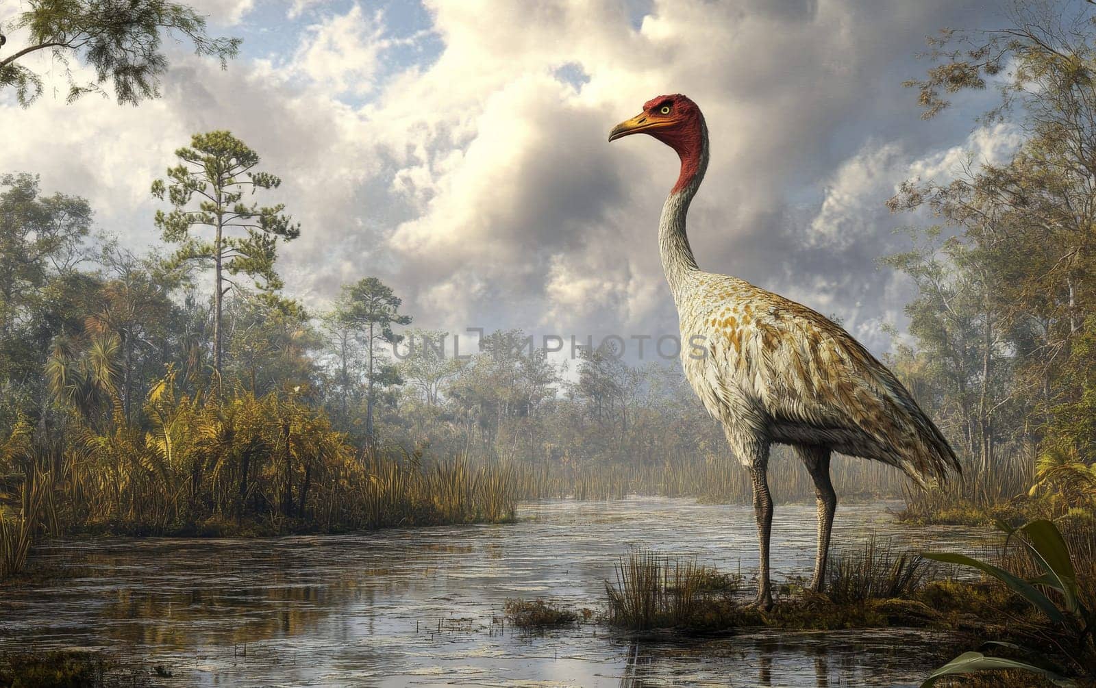 A Titanis Walleri strides purposefully through the shallow waters and tall reeds of a secluded marsh, its powerful limbs and sharp beak hinting at the deadly efficiency of this ancient avian predator.