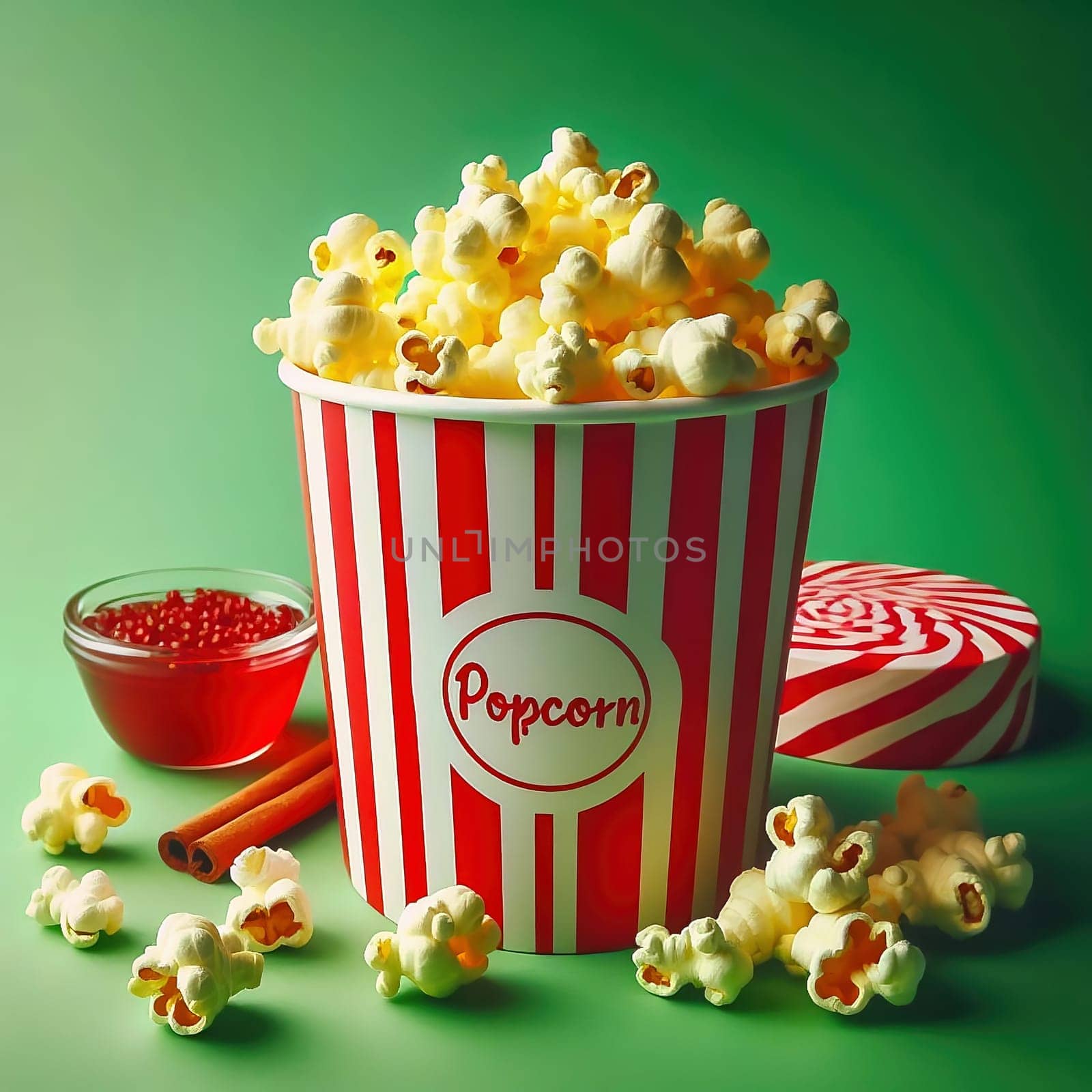 A classic red popcorn tub with white dots, filled to bursting with golden popcorn surrounded by scattered pieces, on a green background. Pure cinema feeling!