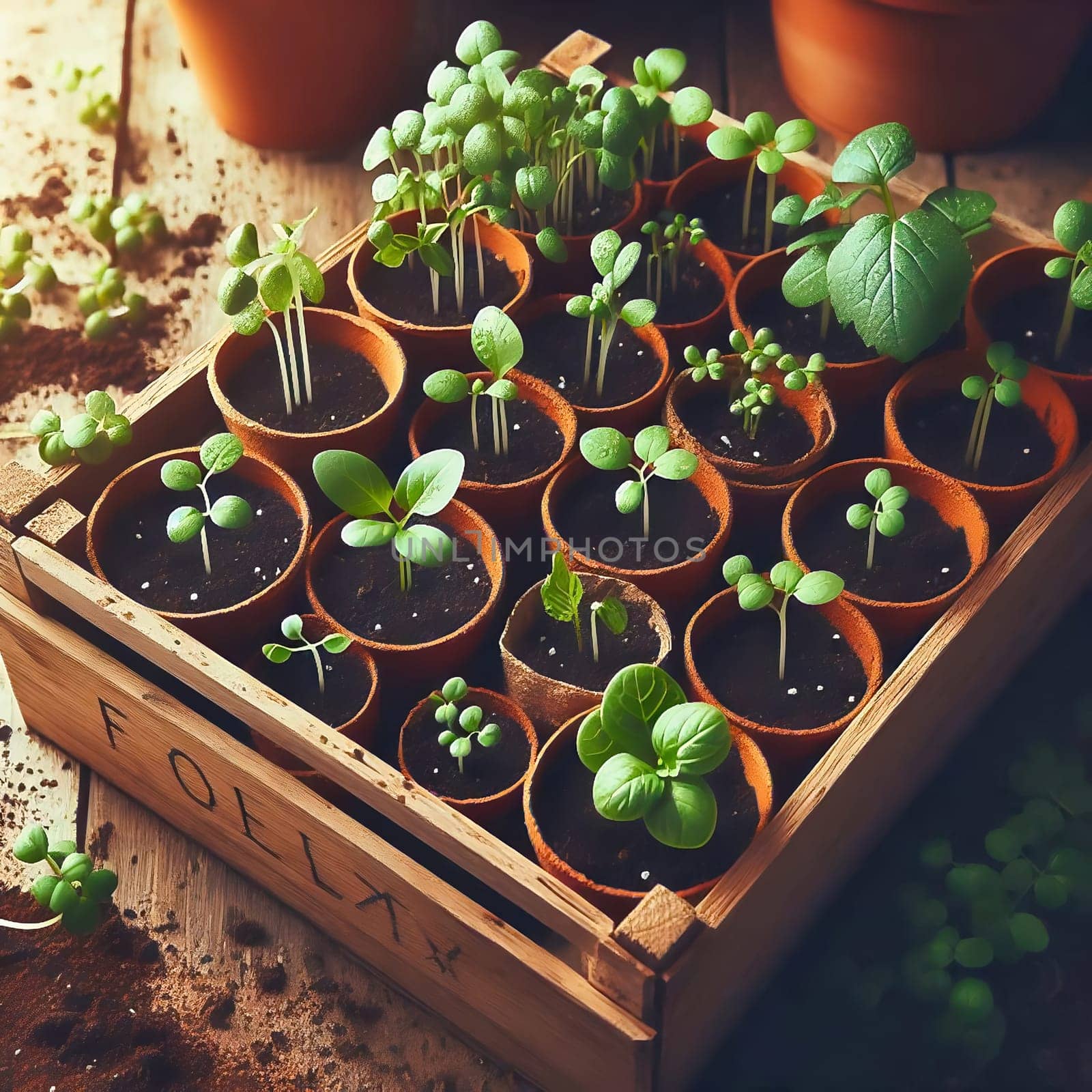 Young seedlings in terracotta pots, carefully arranged in a box. Fresh greenery under warm light - ideal for garden lovers and nature enthusiasts.