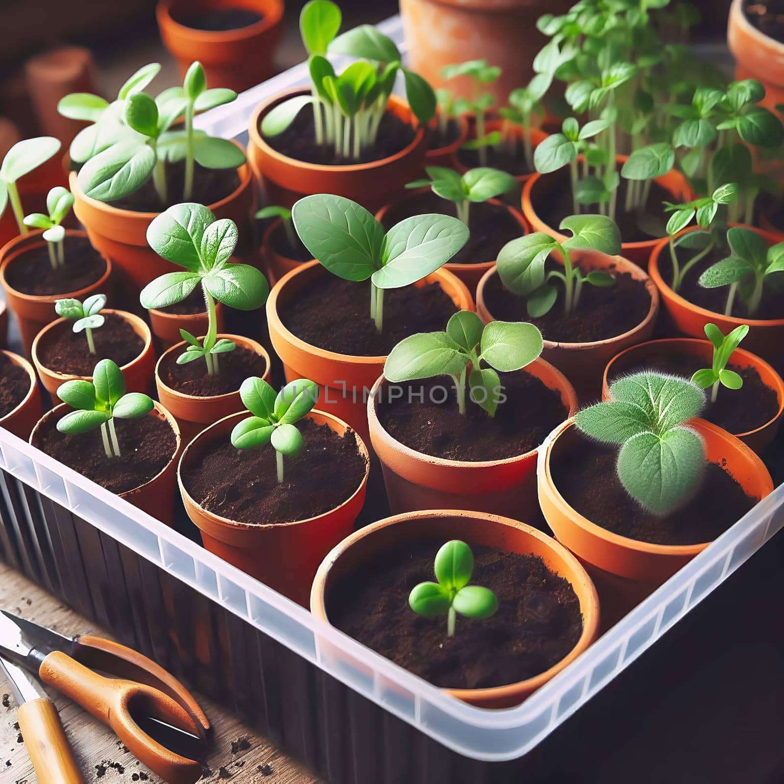 Young seedlings in terracotta pots, carefully arranged in a box. Fresh greenery under warm light - ideal for garden lovers and nature enthusiasts.