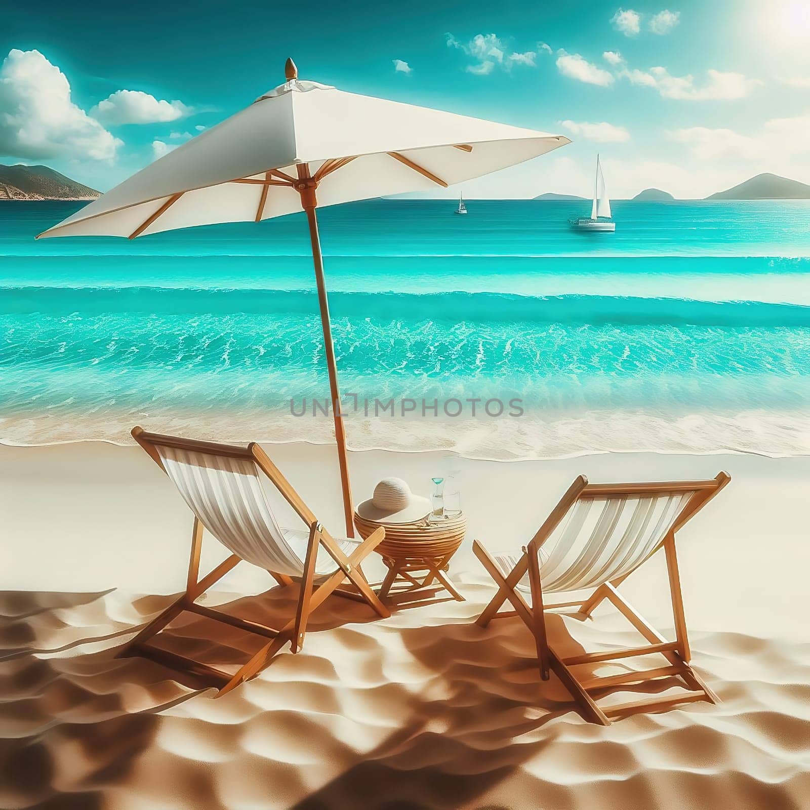 Idyllic beach picture: two deckchairs, parasol, turquoise sea and sand. Perfect for vacation and travel advertising.