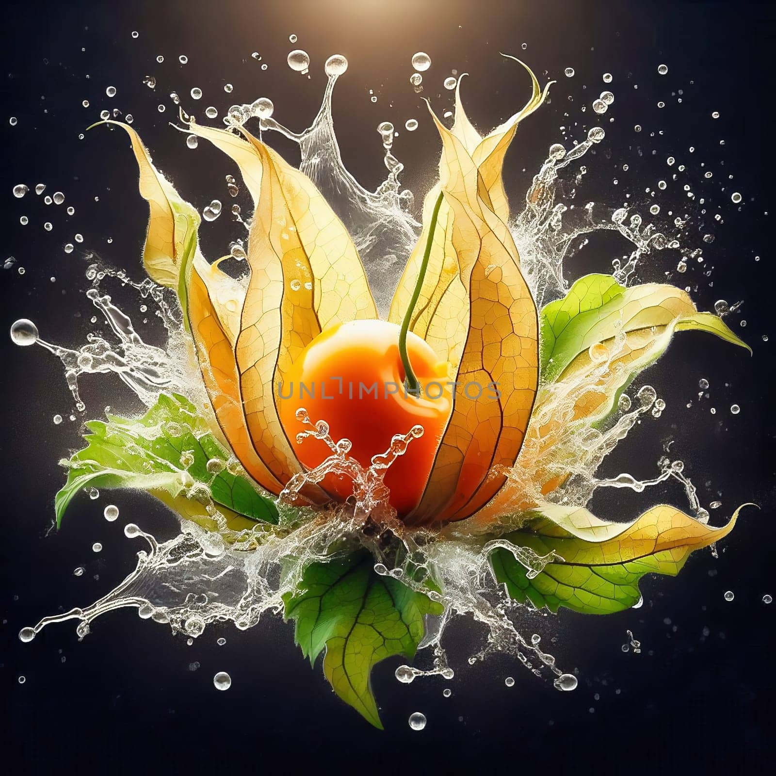 Physalis fruits with bright orange lanterns and green leaves, wrapped in drops of water. Dynamic, fresh, perfect for nature and food marketing.