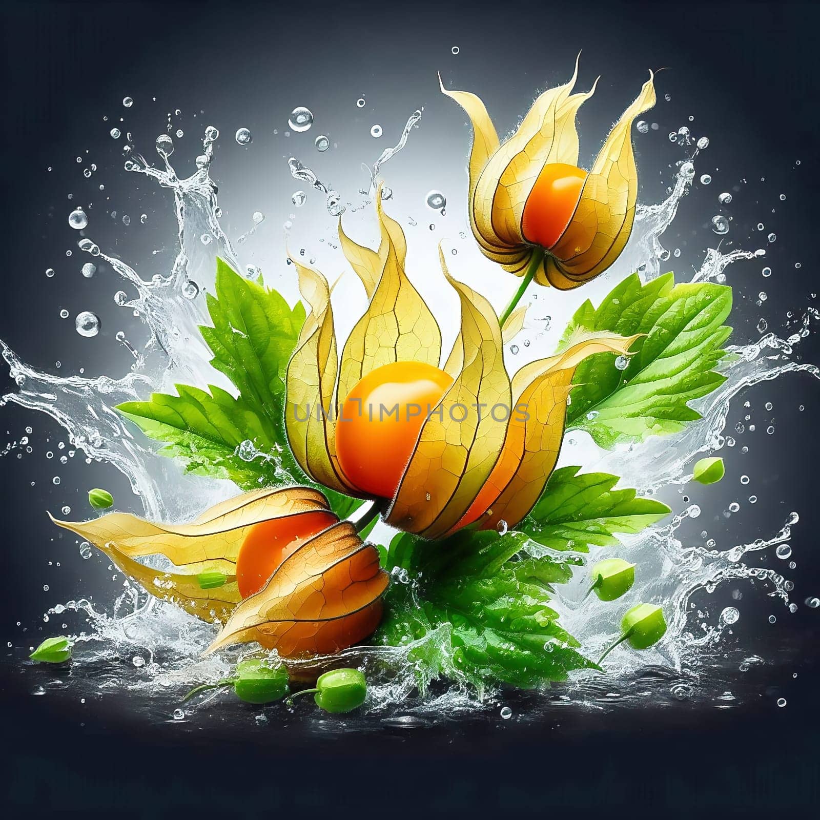Physalis fruits with bright orange lanterns and green leaves, wrapped in drops of water. Dynamic, fresh, perfect for nature and food marketing.