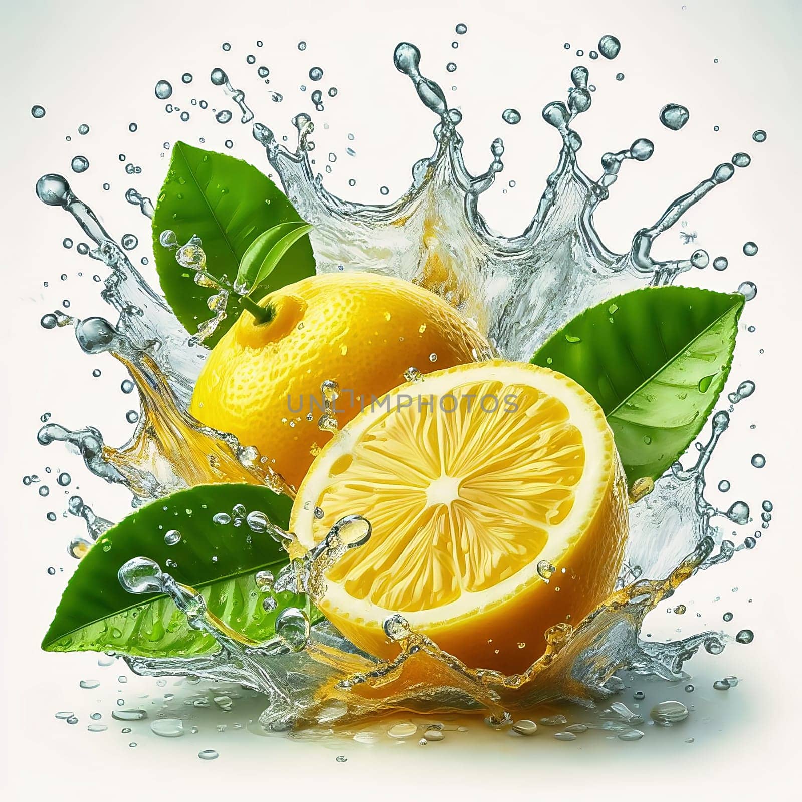 Fresh, juicy lemon, cut in half and surrounded by sparkling water and green leaves. Perfect for advertising, soft drinks and food packaging.