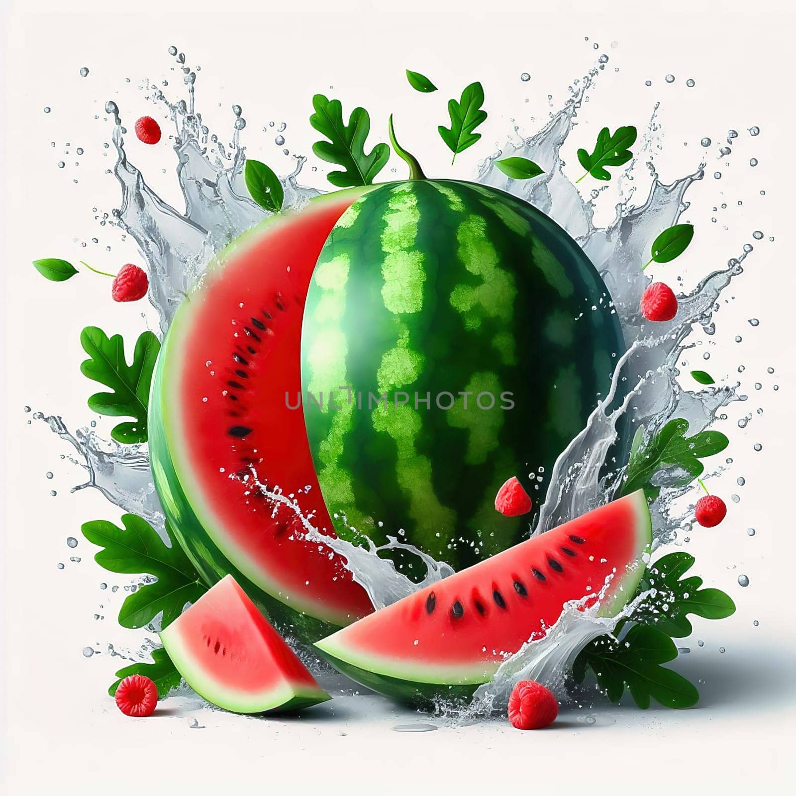 Fresh, juicy watermelon, cut in half and staged with splashing water and green leaves. Perfect for summer advertising or refreshing drinks.