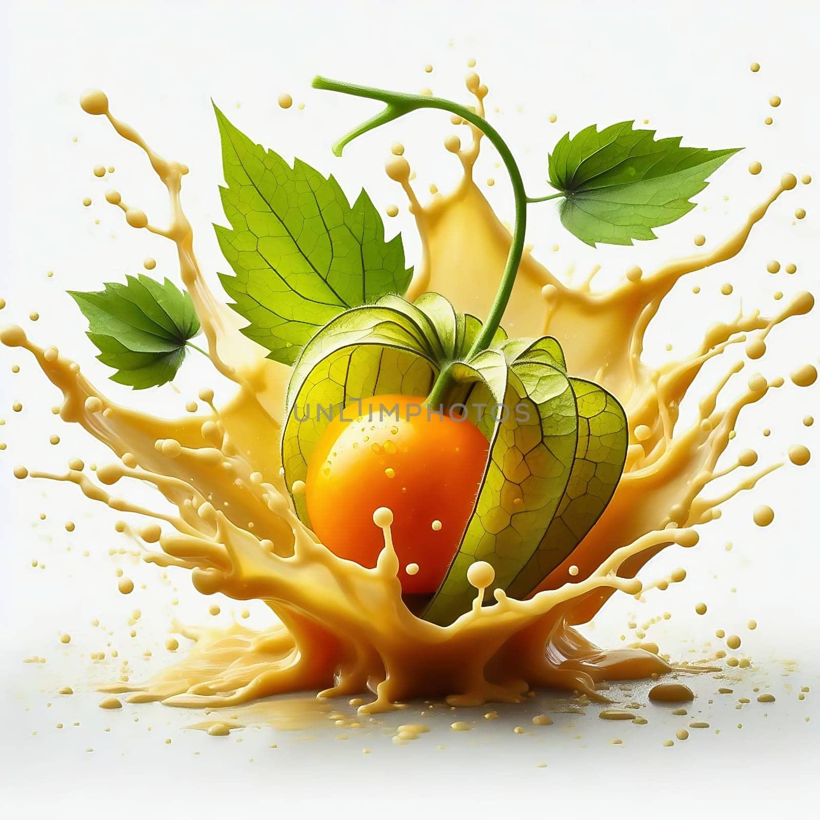 Physalis fruits with bright orange lanterns and green leaves, wrapped in drops of water. Dynamic, fresh, perfect for nature and food marketing.