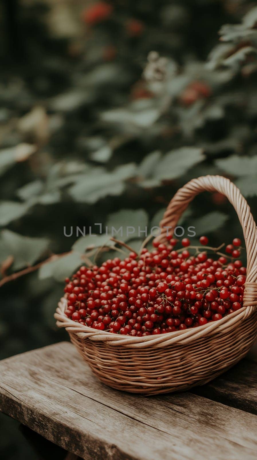 A wicker basket filled with fresh red berries placed on a rustic wooden table in a garden setting.