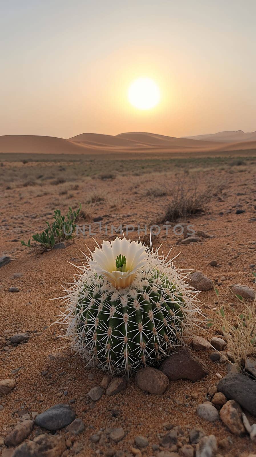 A blooming cactus in the desert at sunset with sand dunes in the background, capturing nature's resilience.