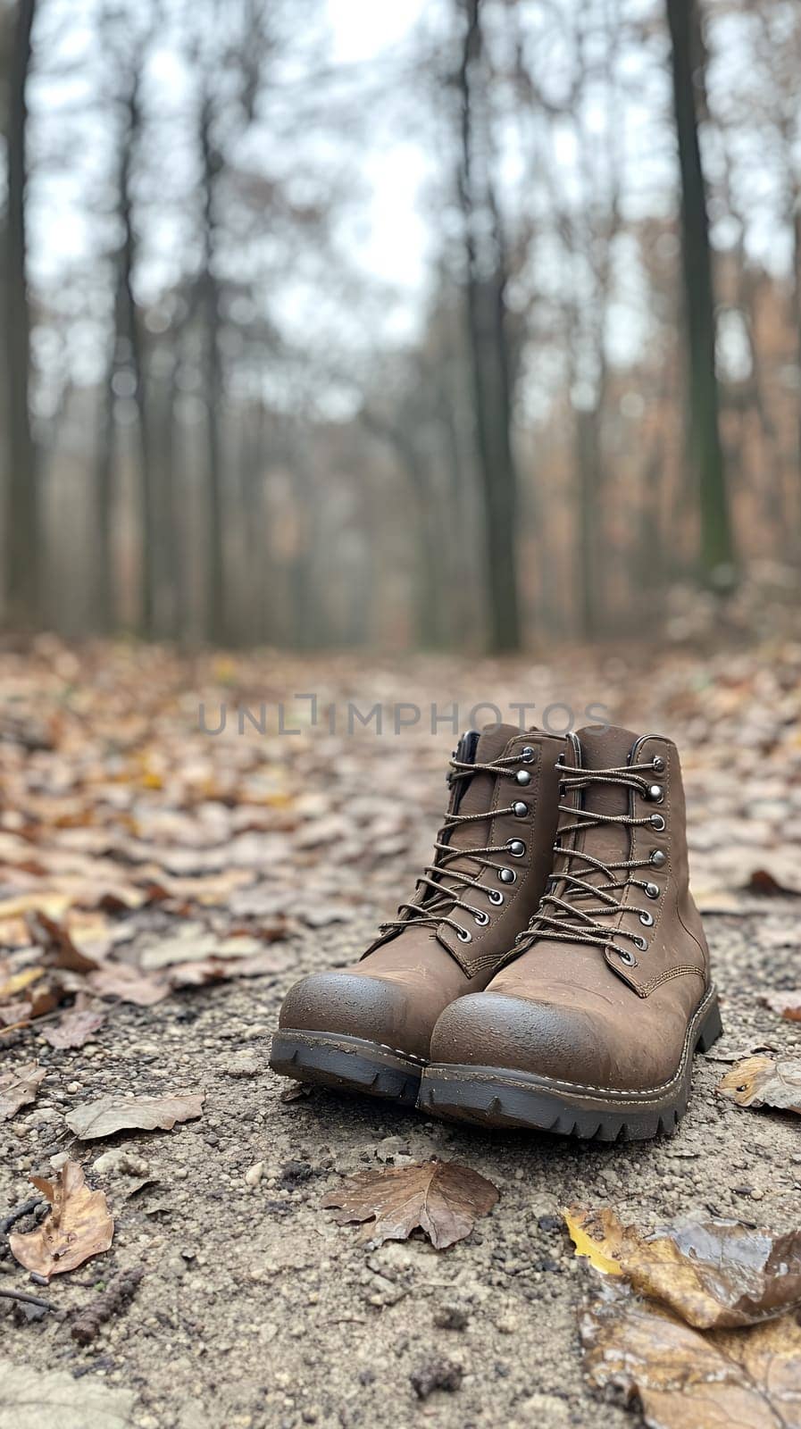 Sturdy hiking boots resting on a leaf covered trail in an autumn forest, capturing the essence of exploration.