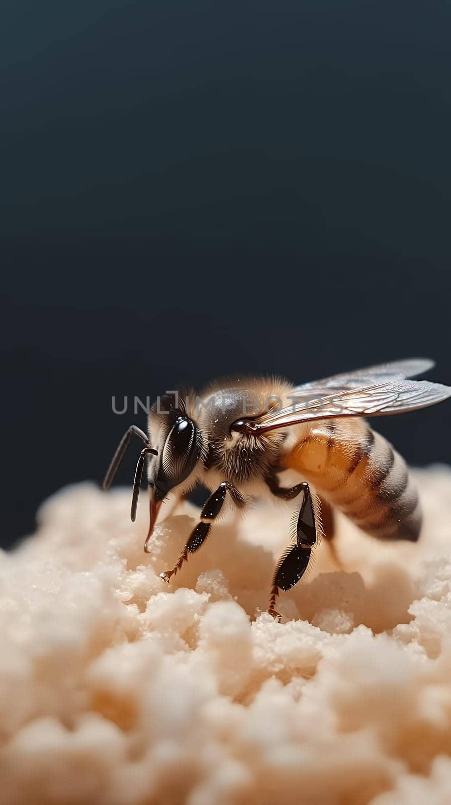 A close up of a honey bee perched on a sugar granule, highlighting its intricate details against a dark background.
