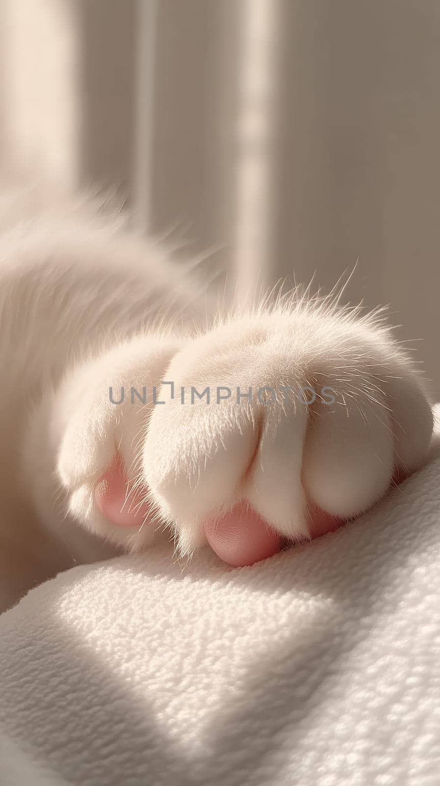 A detailed close up of a fluffy white cat paw with soft pink pads, showcasing its delicate texture and charm.