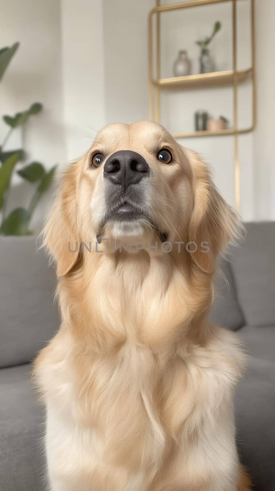 A golden retriever sits indoors, its gaze attentive and curious, surrounded by a cozy home setting.