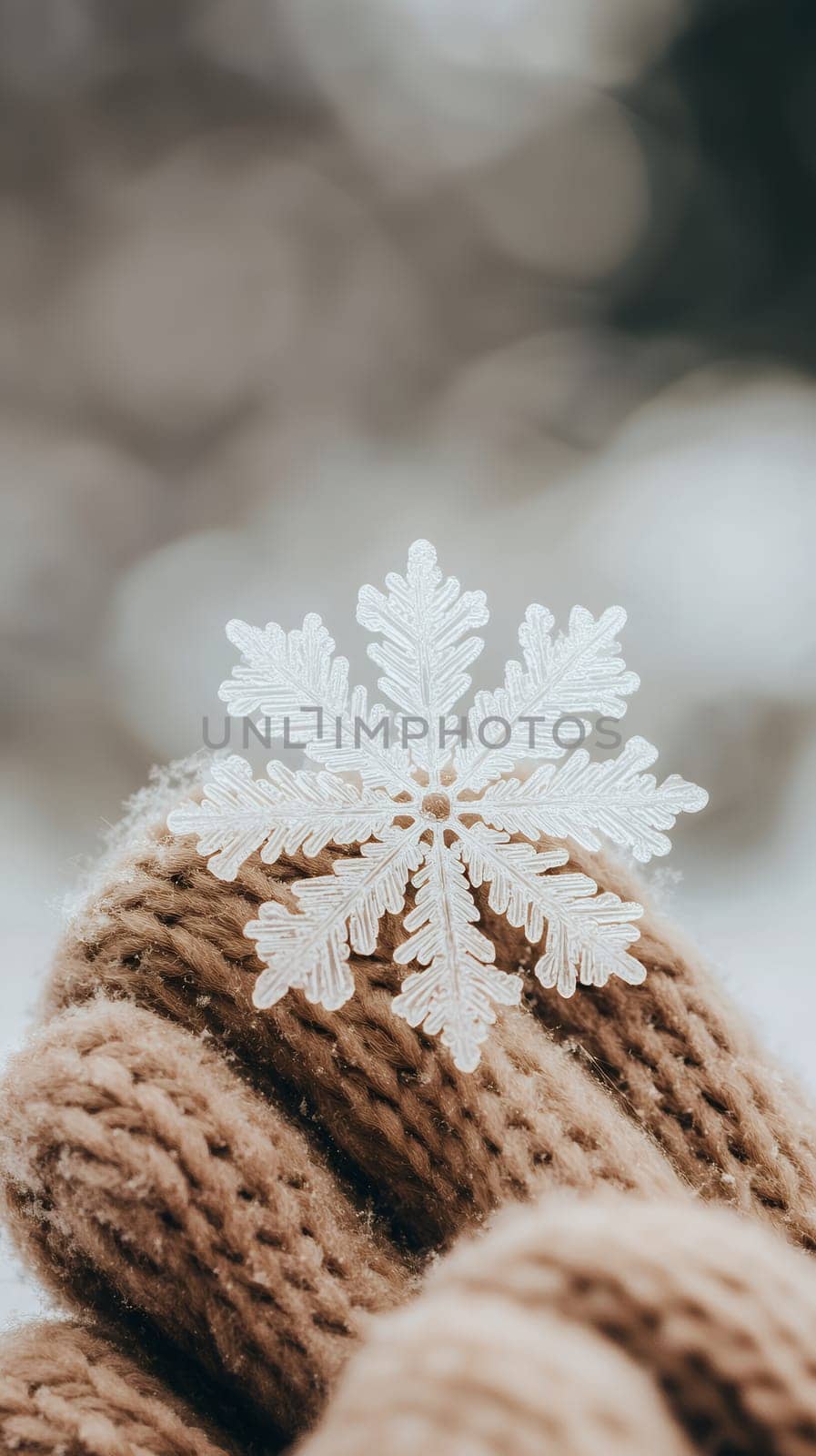 A delicate snowflake rests on a cozy knitted glove, capturing the intricate beauty of winter.