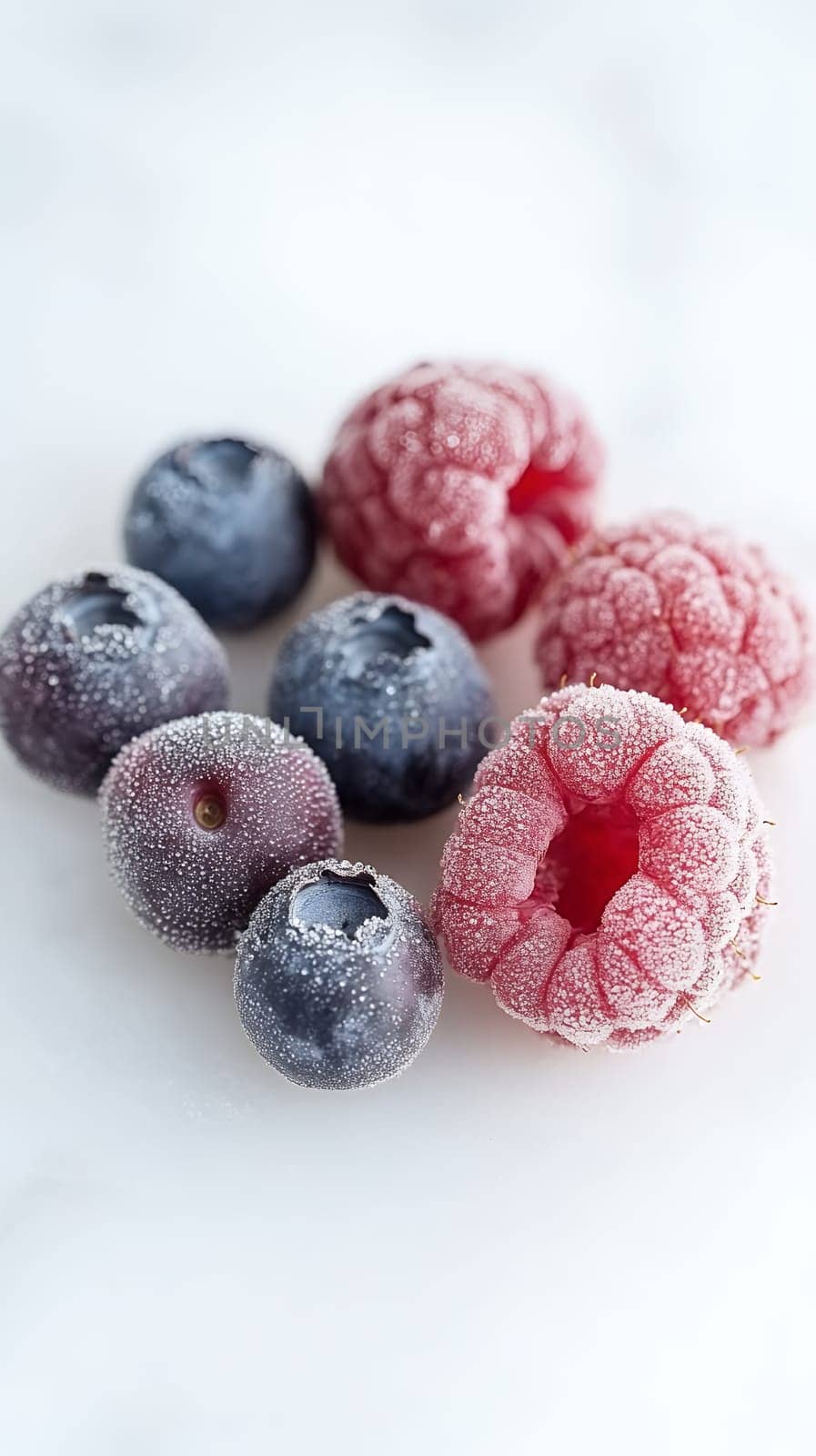 Close up of frosted berries resting on ice, featuring raspberries and blueberries with a frosty texture.