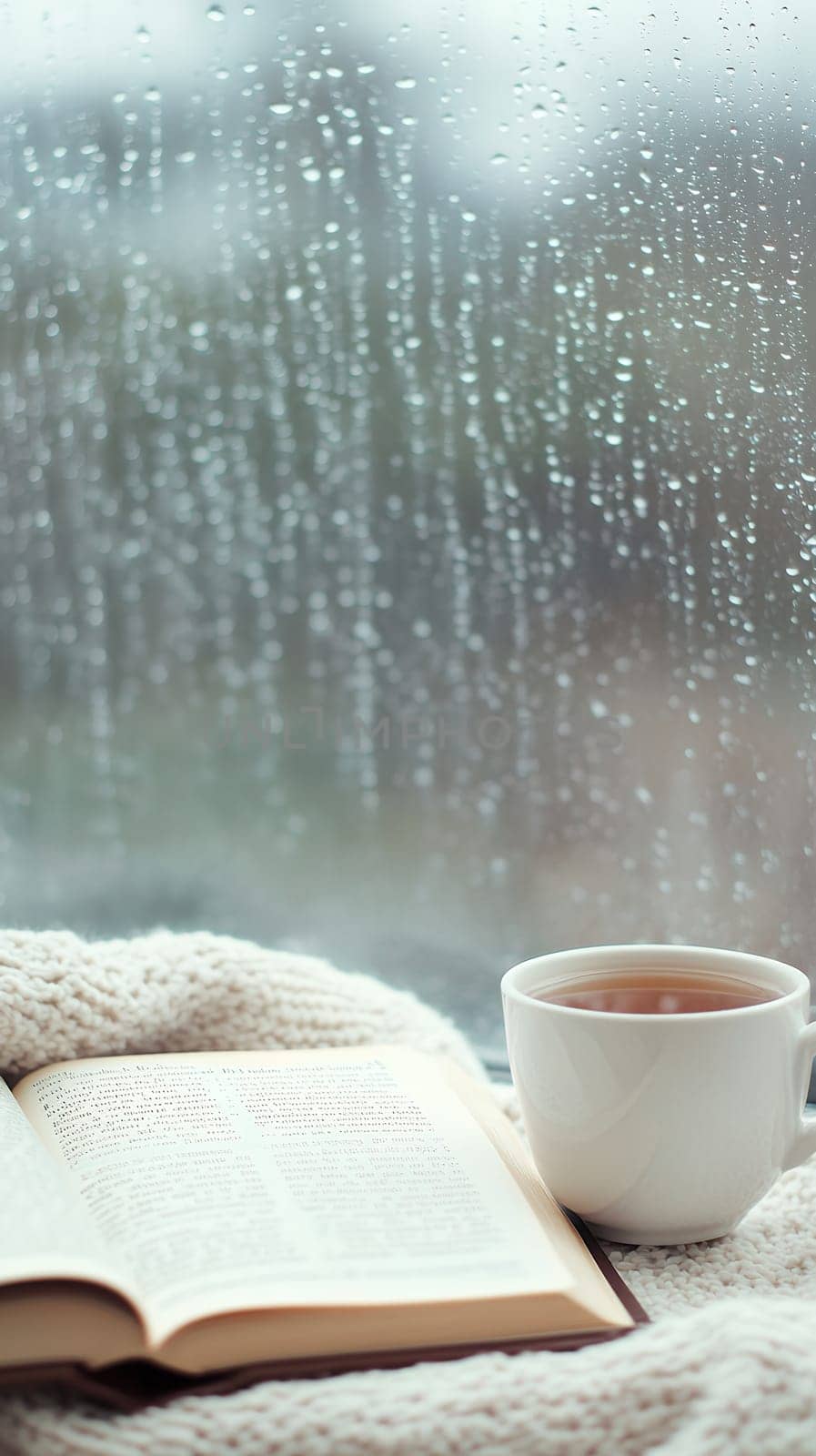 A steaming cup of tea and an open book create a cozy atmosphere next to a rain speckled window.