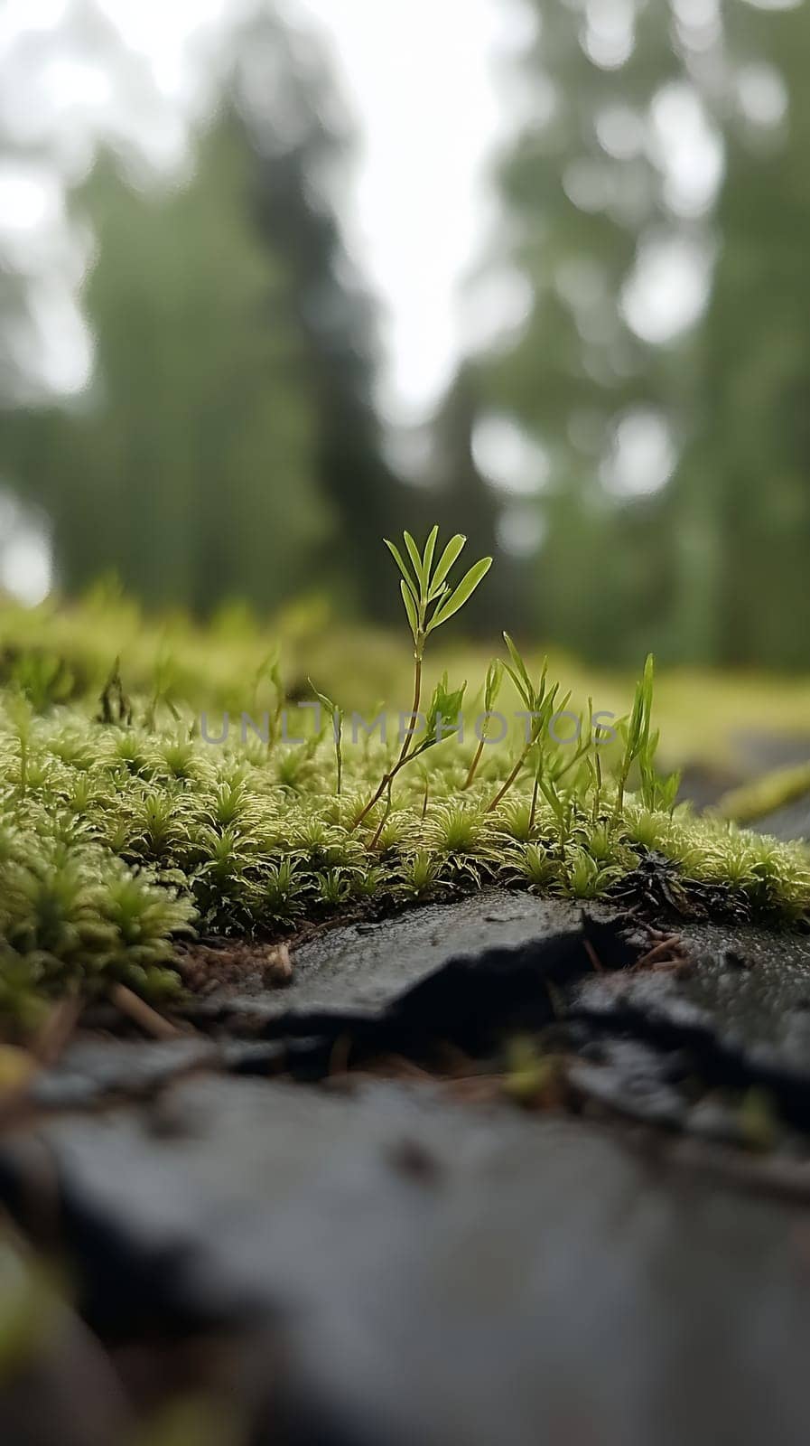 A tiny sprout emerges from lush moss, symbolizing new growth and life amidst a forest setting.