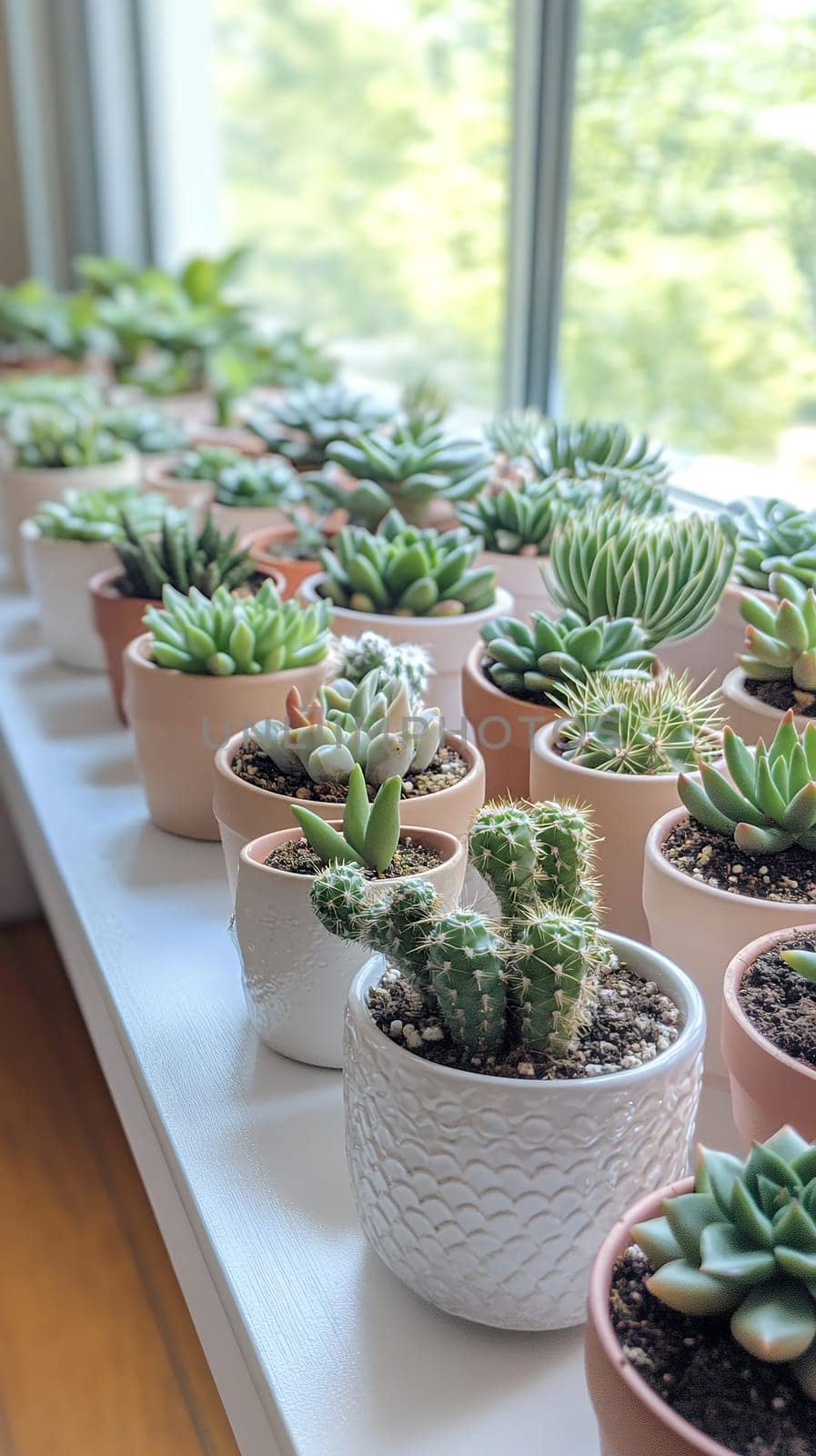 A variety of potted succulents bask in sunlight on a windowsill, adding vibrant greenery to the room.