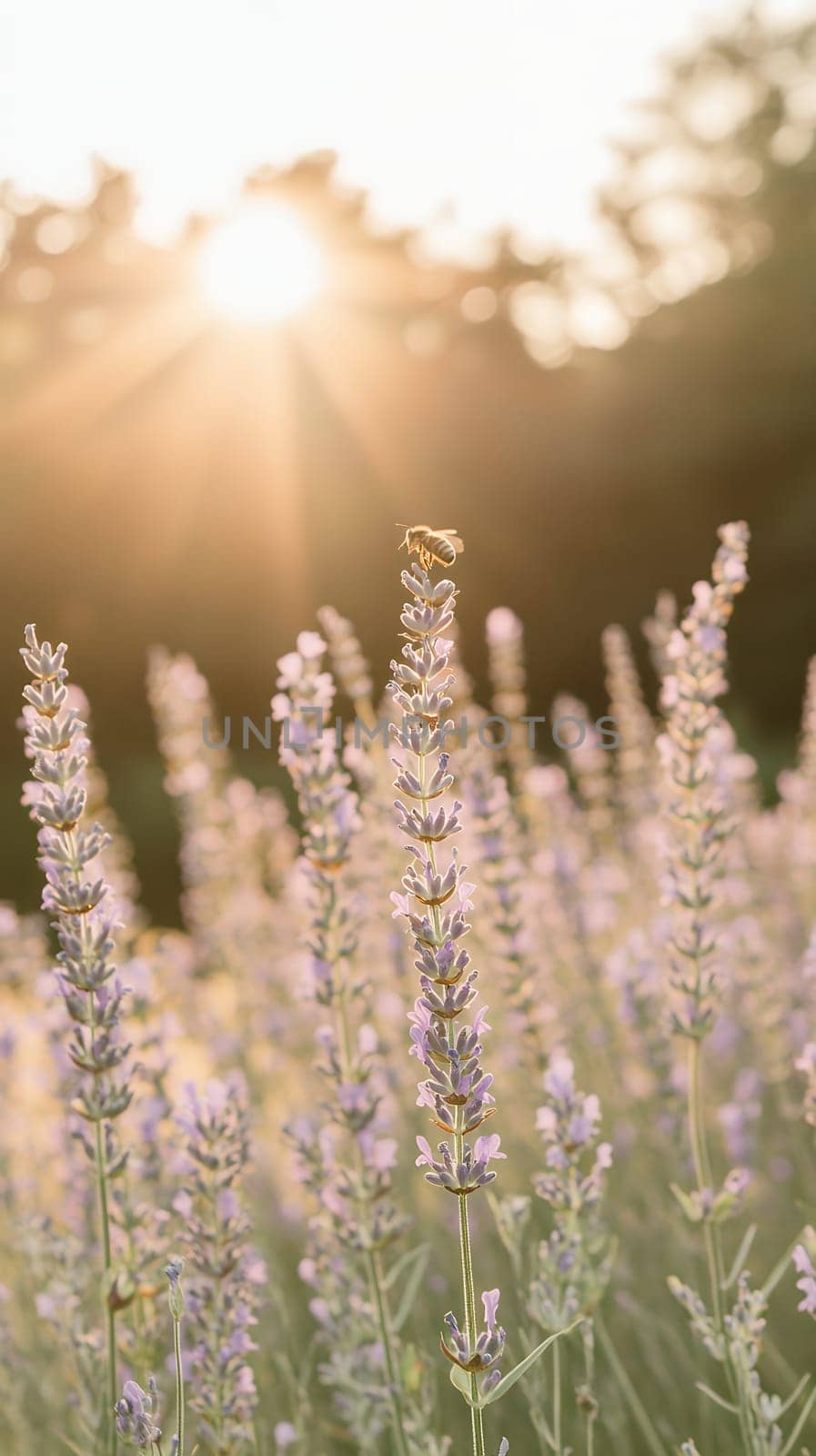 A bee hovers over blooming lavender flowers at sunrise, capturing the essence of nature's beauty.