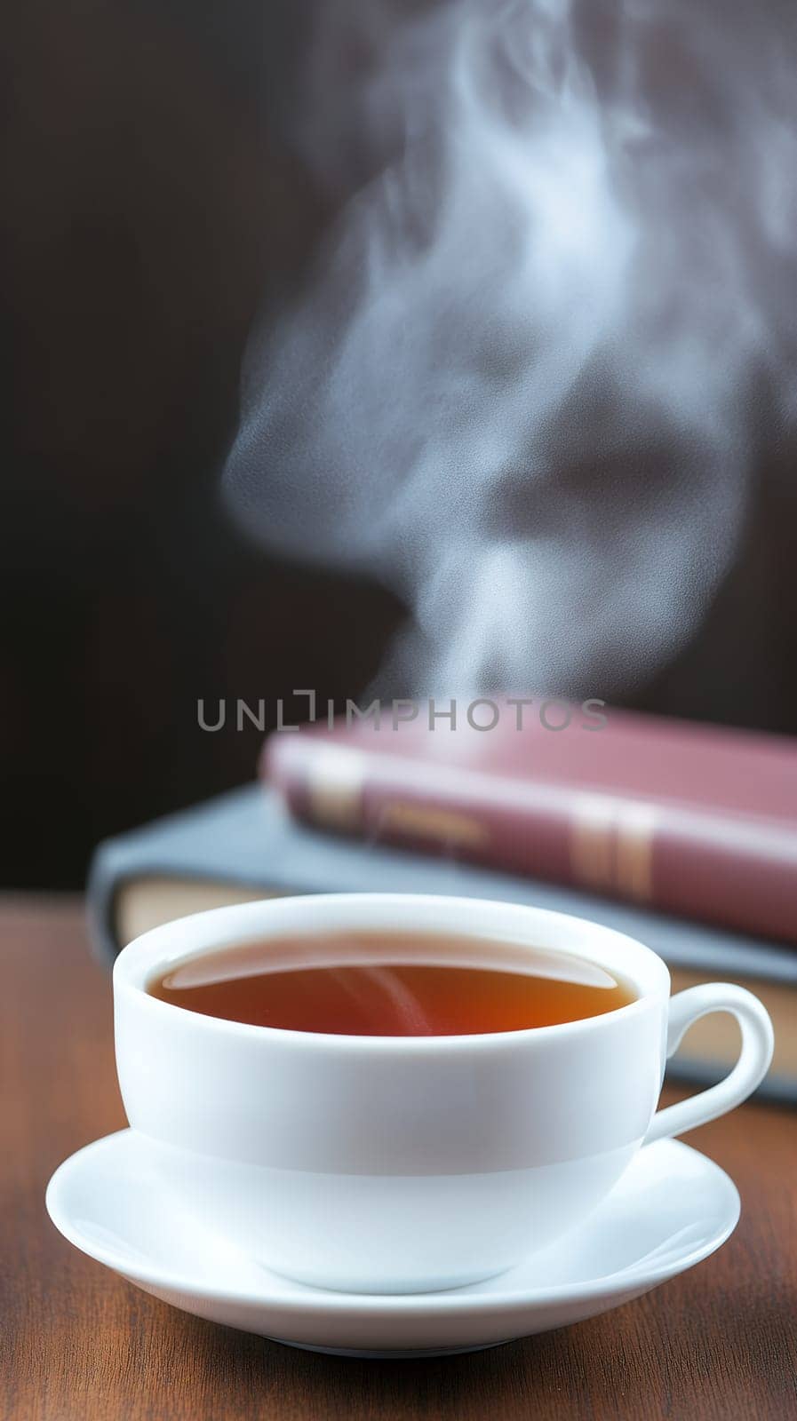 A steaming cup of tea sits beside an open book, inviting relaxation and warmth.
