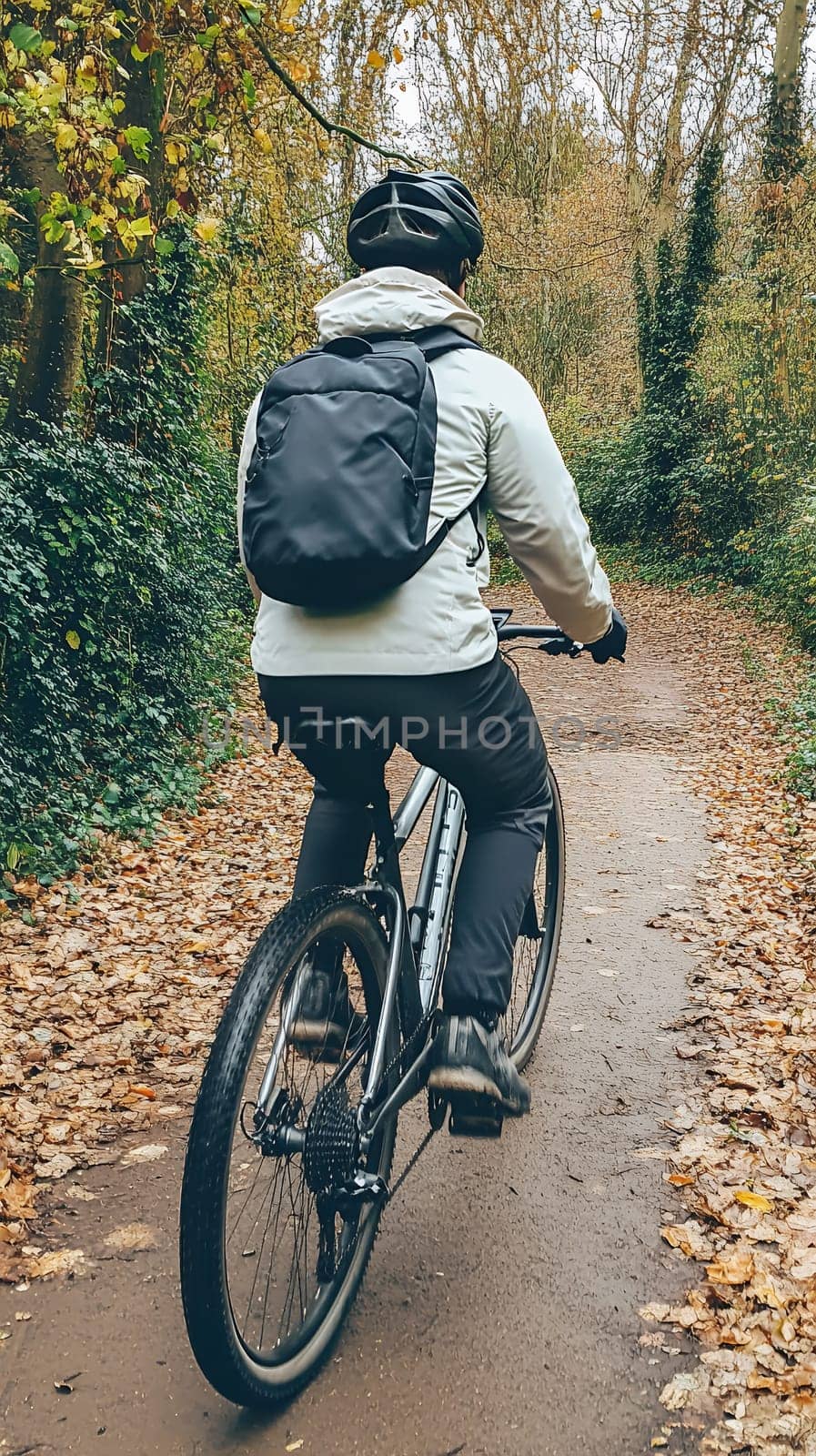 A cyclist with a backpack rides through a leafy forest path, enjoying the autumn scenery.