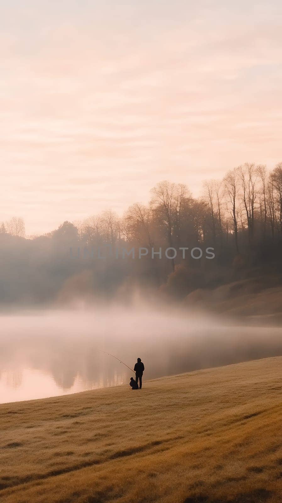 A peaceful morning scene with a person fishing by a misty lake, surrounded by autumn trees.