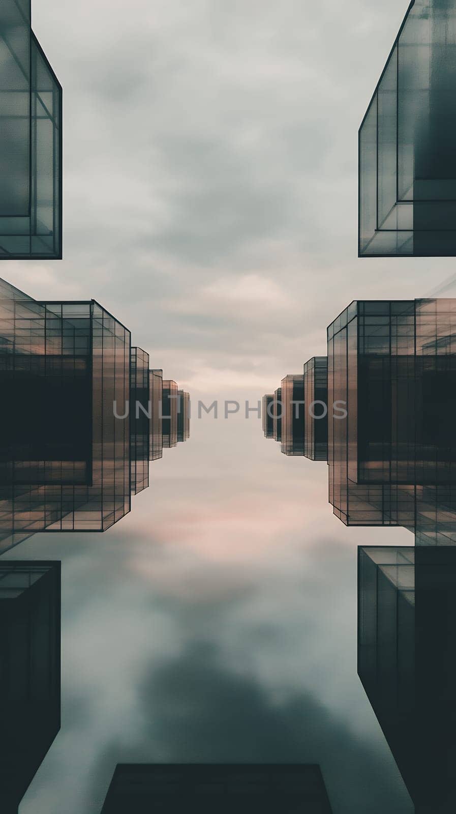 Symmetrical glass buildings reflect each other in a cloudy sky, creating a modern architectural marvel.