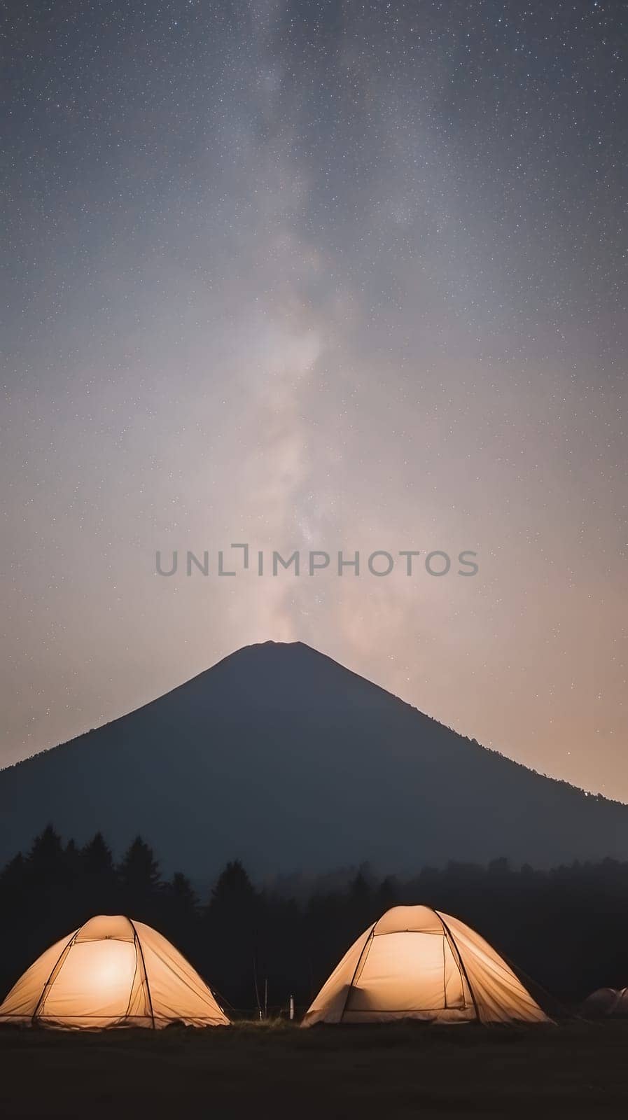 Two illuminated tents under a starry night sky with a majestic mountain silhouette in the background.
